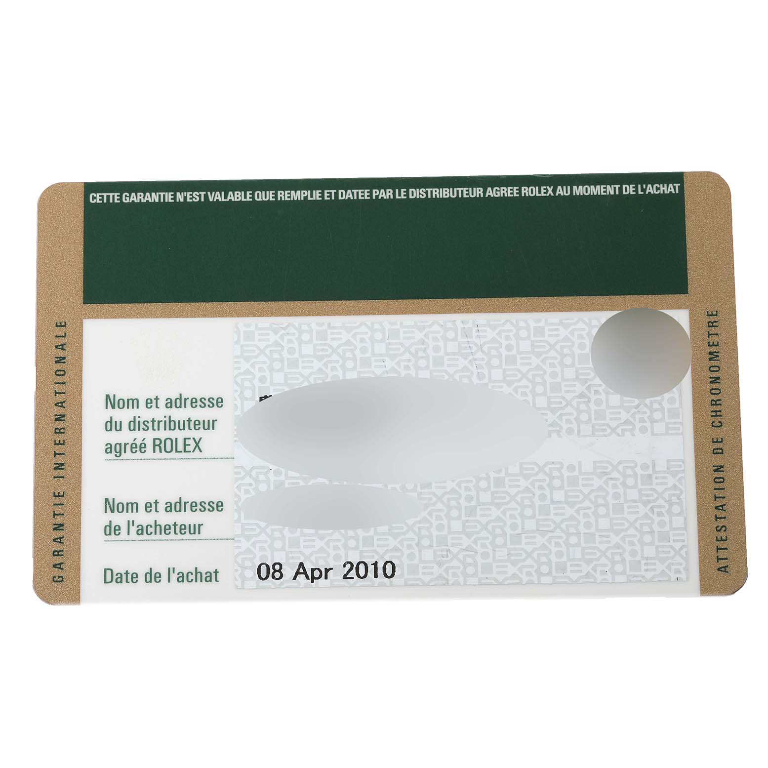 This is the international warranty card for the Rolex Daytona 116523 Men's Steel and Gold (two tone) Black Dial 116523 Men's Steel and Gold (two tone) Black Dial watch, dated April 8, 2010.