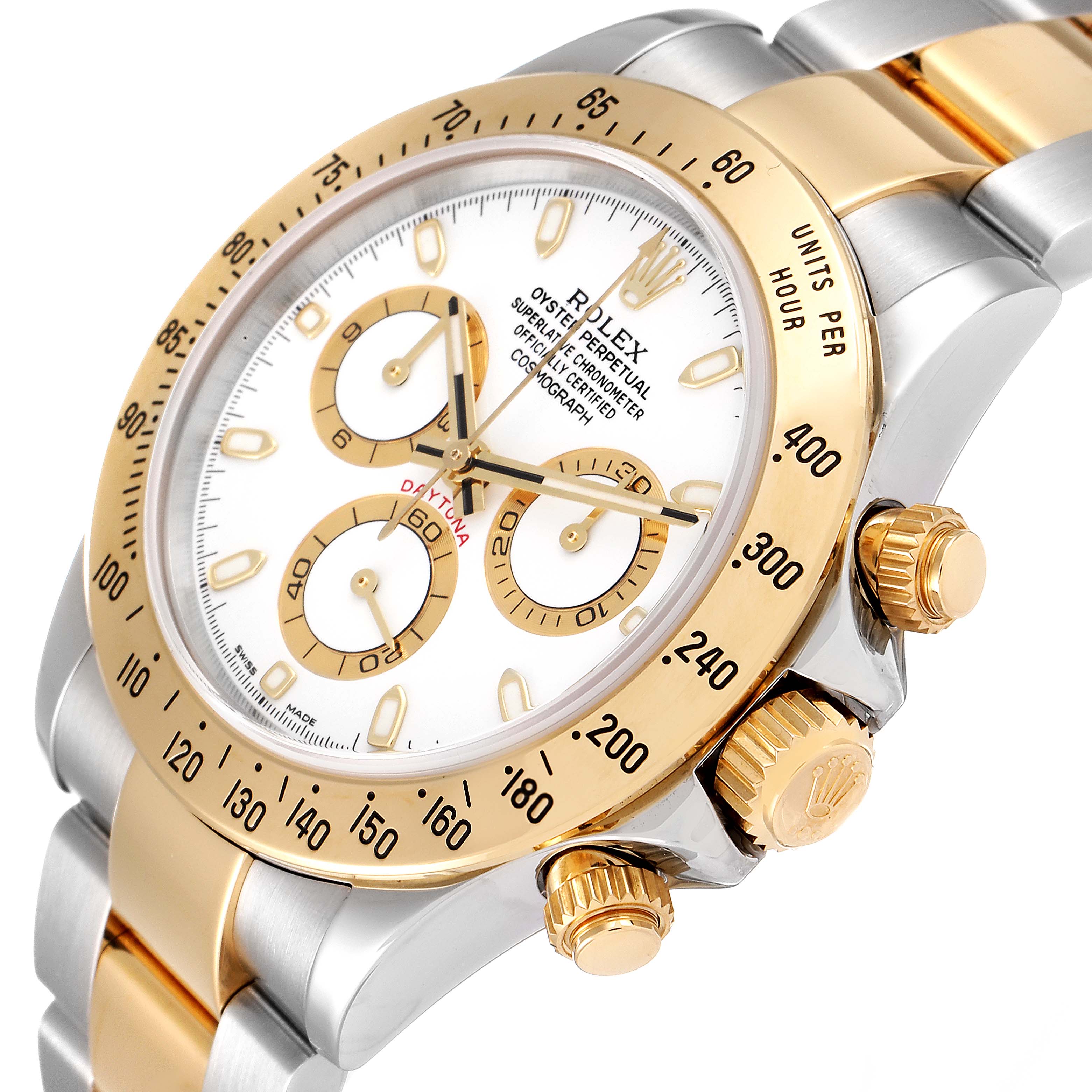 The image shows a close-up angle of the dial, bezel, and crown of a Rolex Daytona 116523 Men's Steel and Gold (two tone) White Dial 116523 Men's Steel and Gold (two tone) White Dial model watch.
