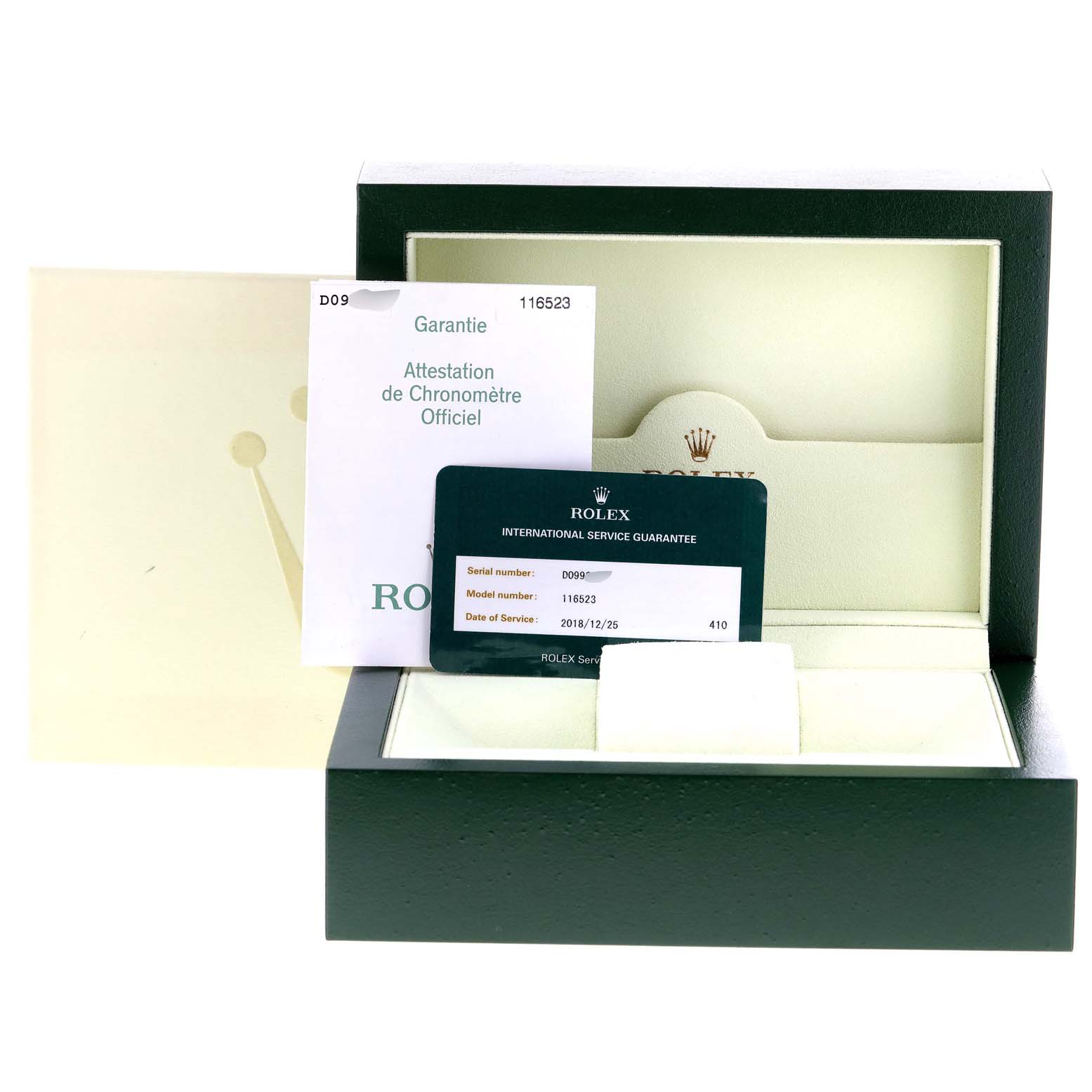 The image shows the packaging and warranty documents for a Rolex Daytona 116523 Men's Steel and Gold (two tone) White Dial 116523 Men's Steel and Gold (two tone) White Dial watch, including the certificate and service guarantee card.