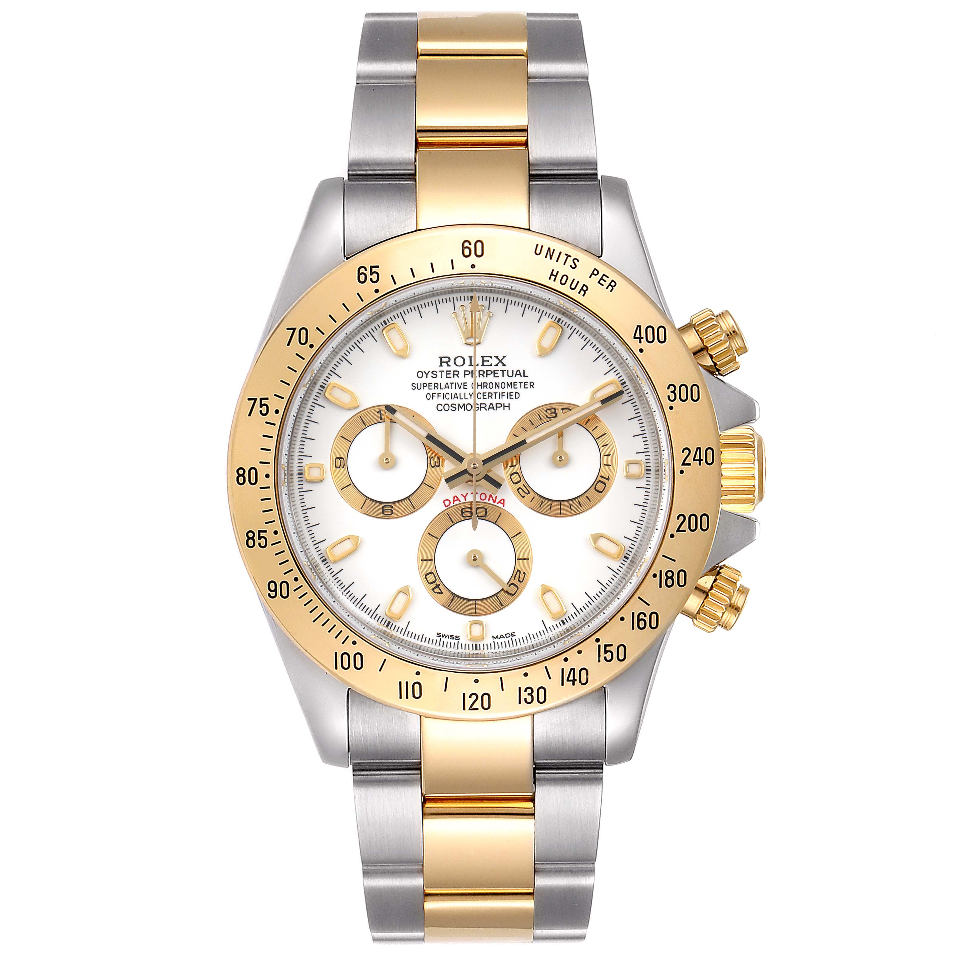 This image shows a frontal view of a Rolex Daytona 116523 Men's Steel and Gold (two tone) White Dial 116523 Men's Steel and Gold (two tone) White Dial watch, highlighting the face, bezel, and bracelet.