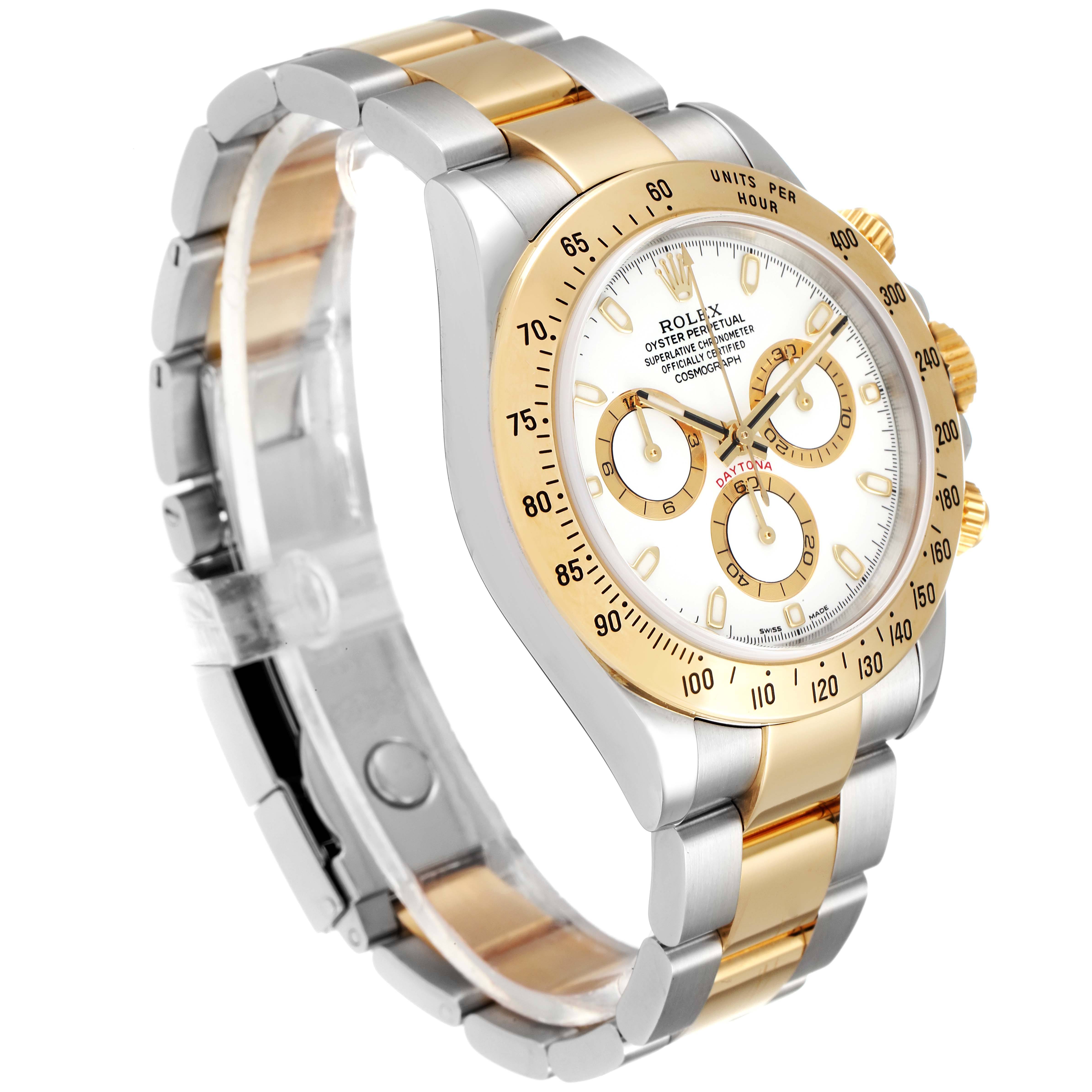 The image shows a side angle of a Rolex Daytona 116523 Men's Steel and Gold (two tone) White Dial 116523 Men's Steel and Gold (two tone) White Dial watch, highlighting its gold and silver bracelet, bezel, and dial.