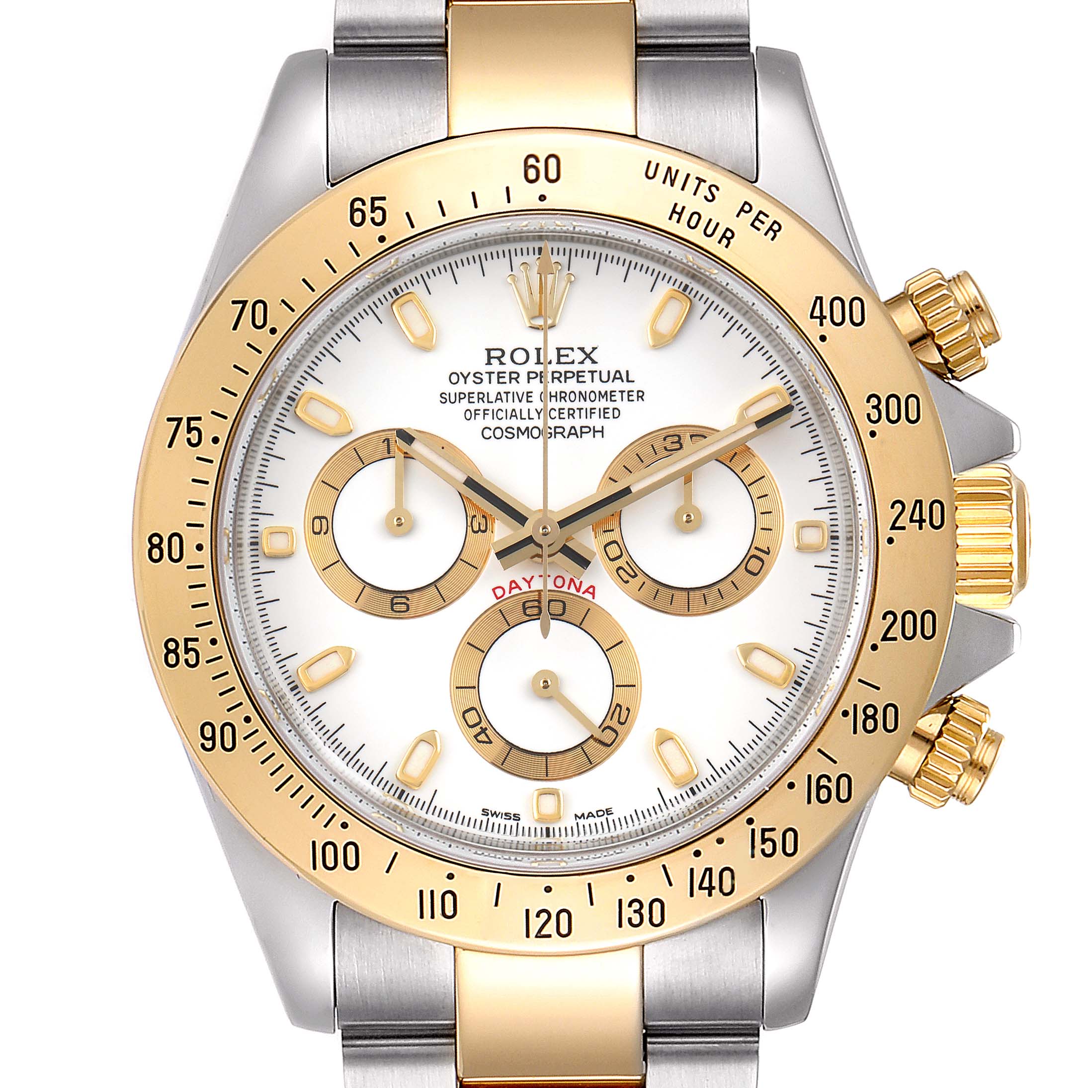 This image shows the face and bezel of a Rolex Daytona 116523 Men's Steel and Gold (two tone) White Dial 116523 Men's Steel and Gold (two tone) White Dial watch, featuring a white dial with gold accents and subdials.
