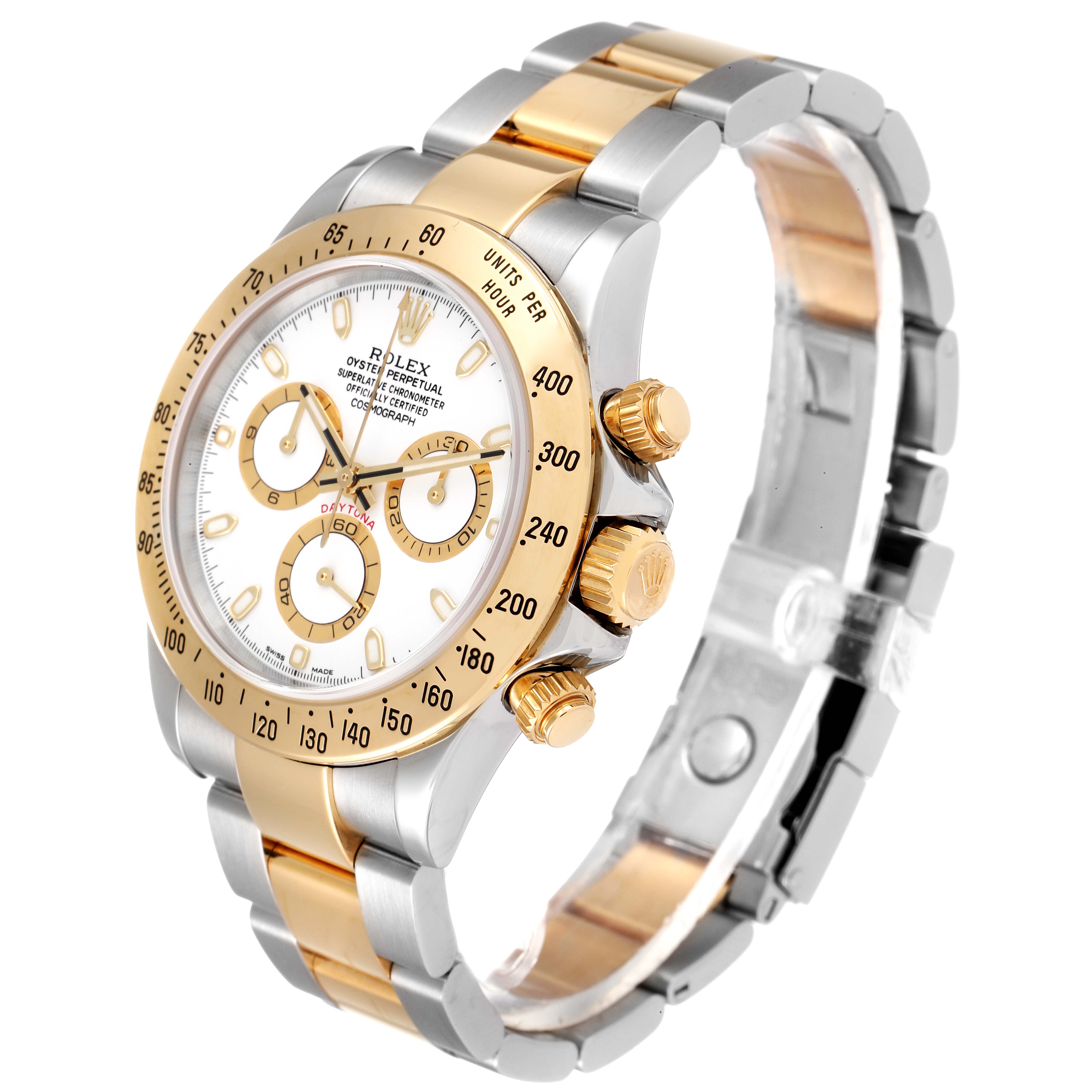This Rolex Daytona 116523 Men's Steel and Gold (two tone) White Dial 116523 Men's Steel and Gold (two tone) White Dial watch is shown at a slight angle, highlighting its face, bezel, and bracelet.