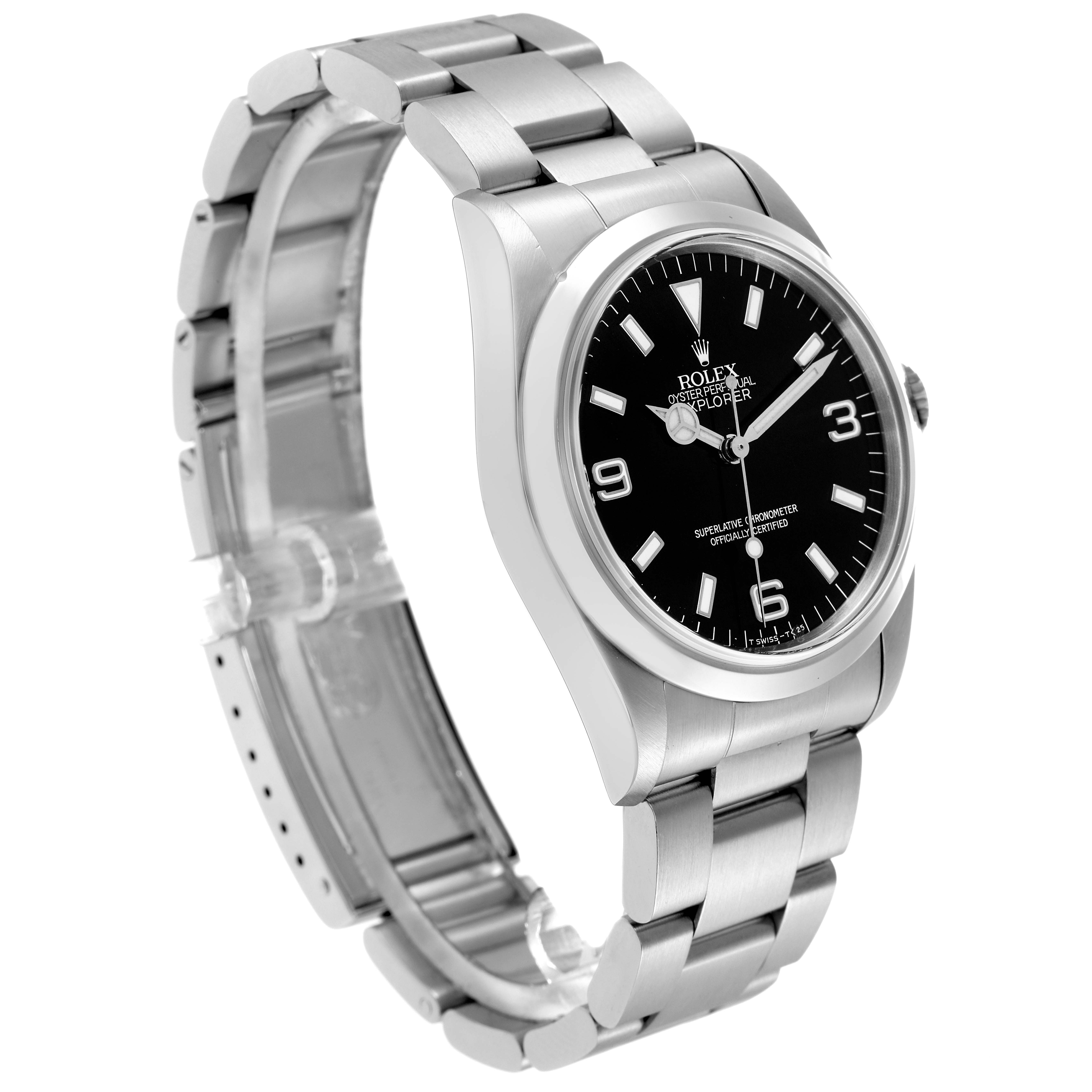 The Rolex Explorer model 14270 men's watch is shown at a three-quarter angle, highlighting the face, bezel, and stainless steel bracelet.