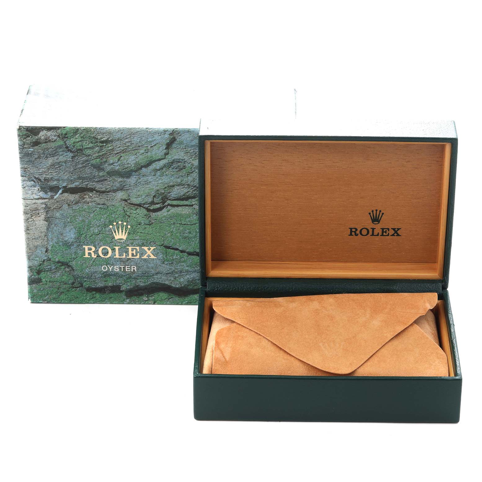 The image shows the open box and packaging for a Rolex Explorer men's watch, model number 14270, with a wood-finish interior and a suede pouch.