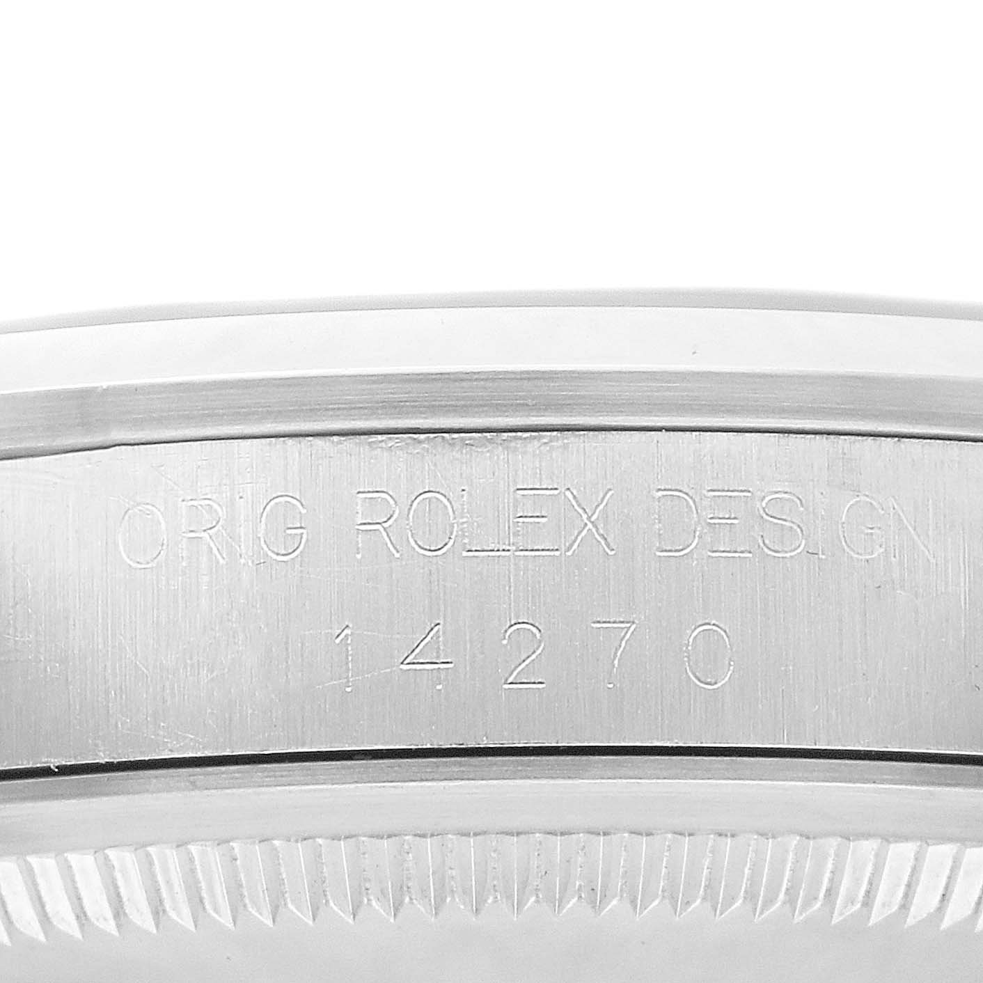 The image shows a close-up of the side of the Rolex Explorer watch, model number 14270, focusing on the engraved text on the case.