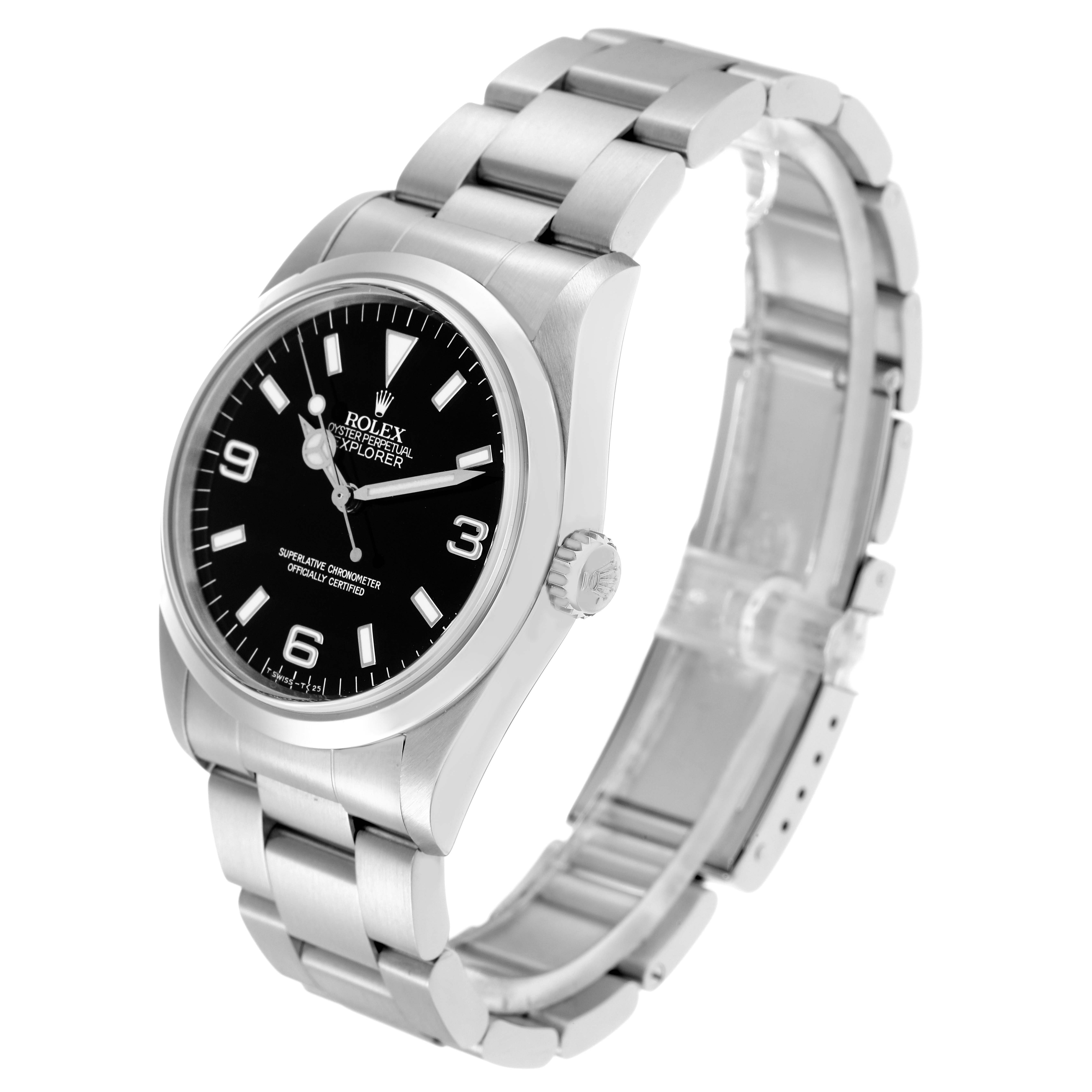 The image shows a Rolex Explorer model 14270 men's watch at a three-quarter angle, displaying the dial, bezel, crown, and bracelet clearly.