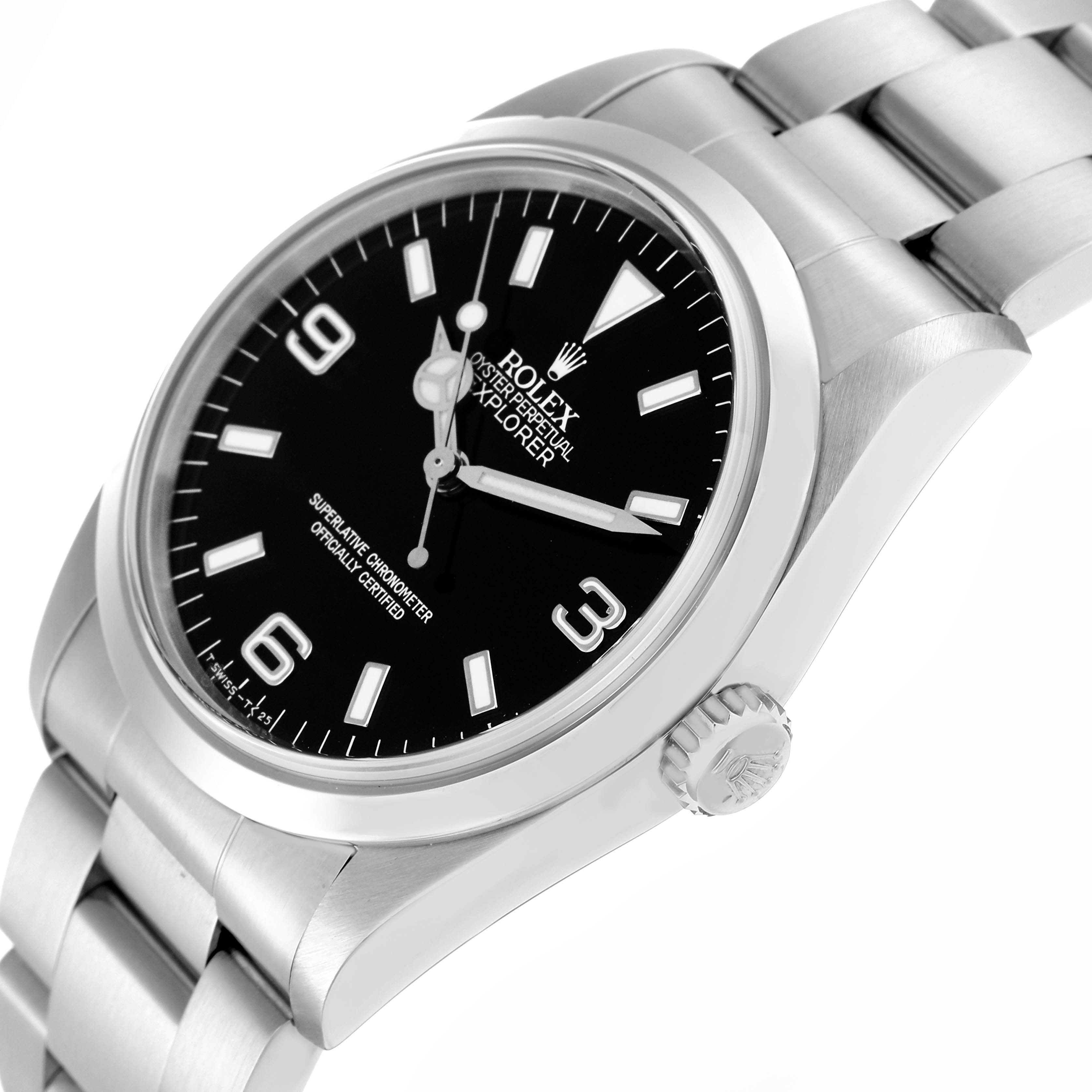 The image shows a side view of the Rolex Explorer model 14270, highlighting the dial, bracelet, and crown.