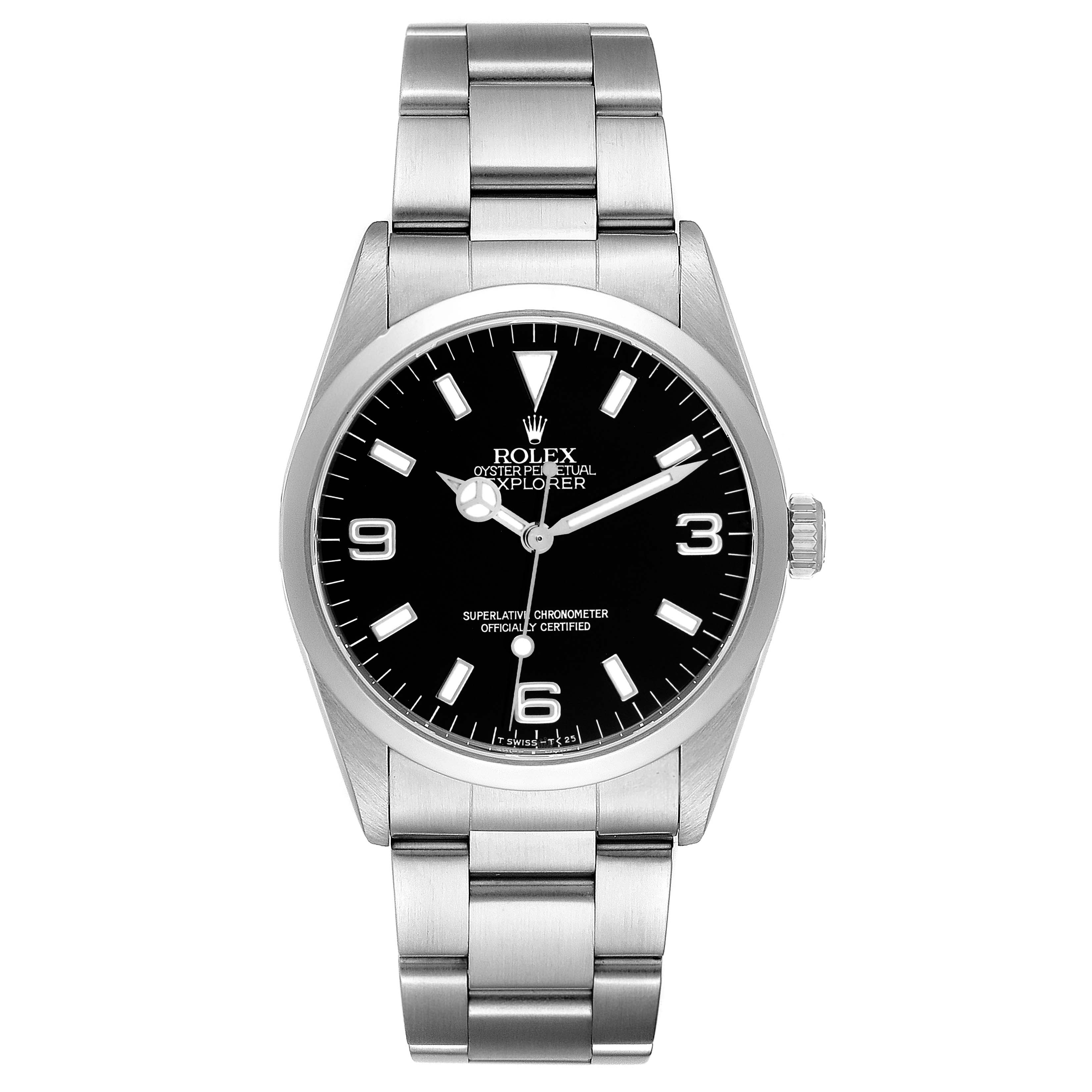 The Rolex Explorer model 14270 men's watch is shown from a front angle, displaying the full watch face, bezel, and part of the bracelet.