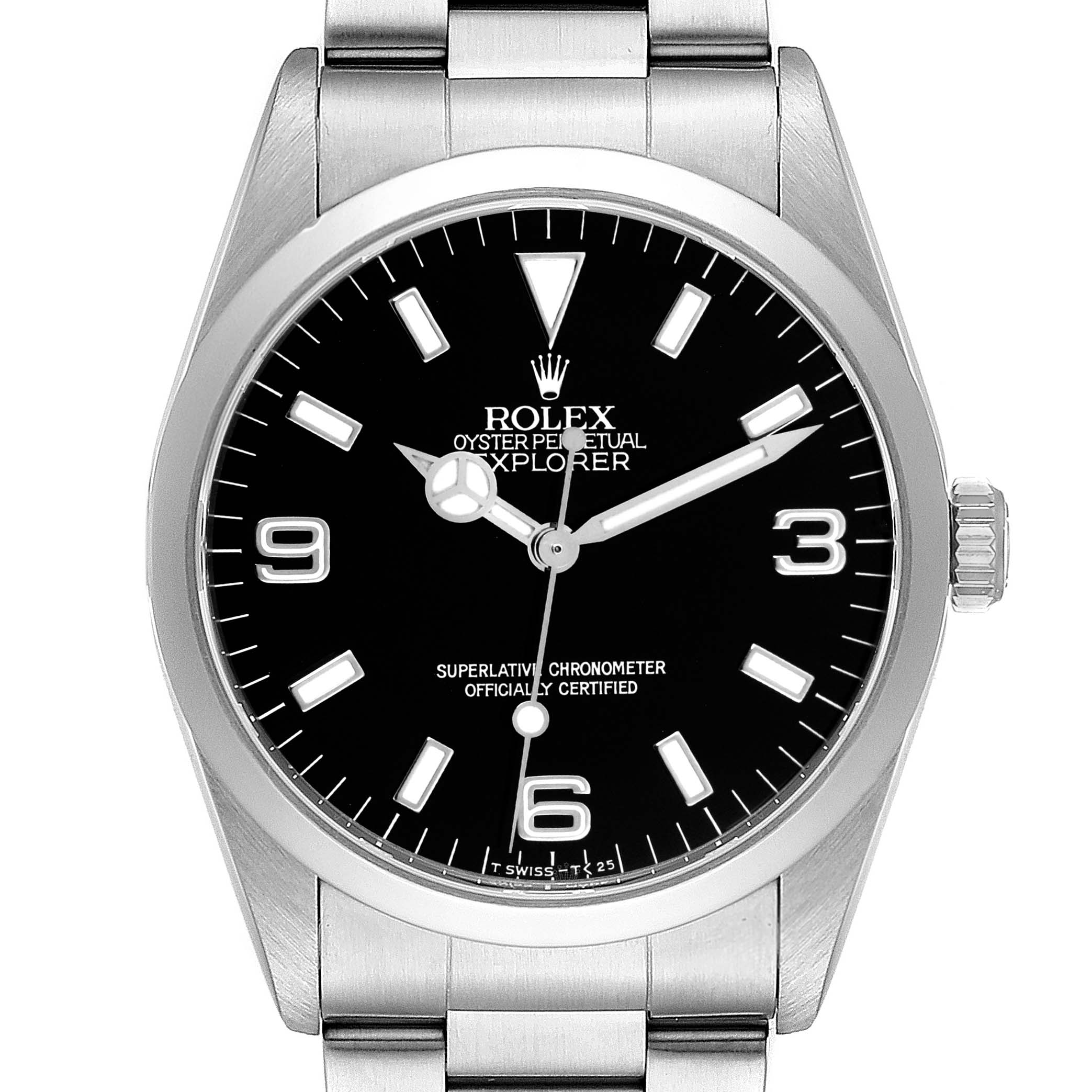 The Rolex Explorer model 14270 is shown from a top-down angle, highlighting the dial, bezel, crown, and part of the bracelet.