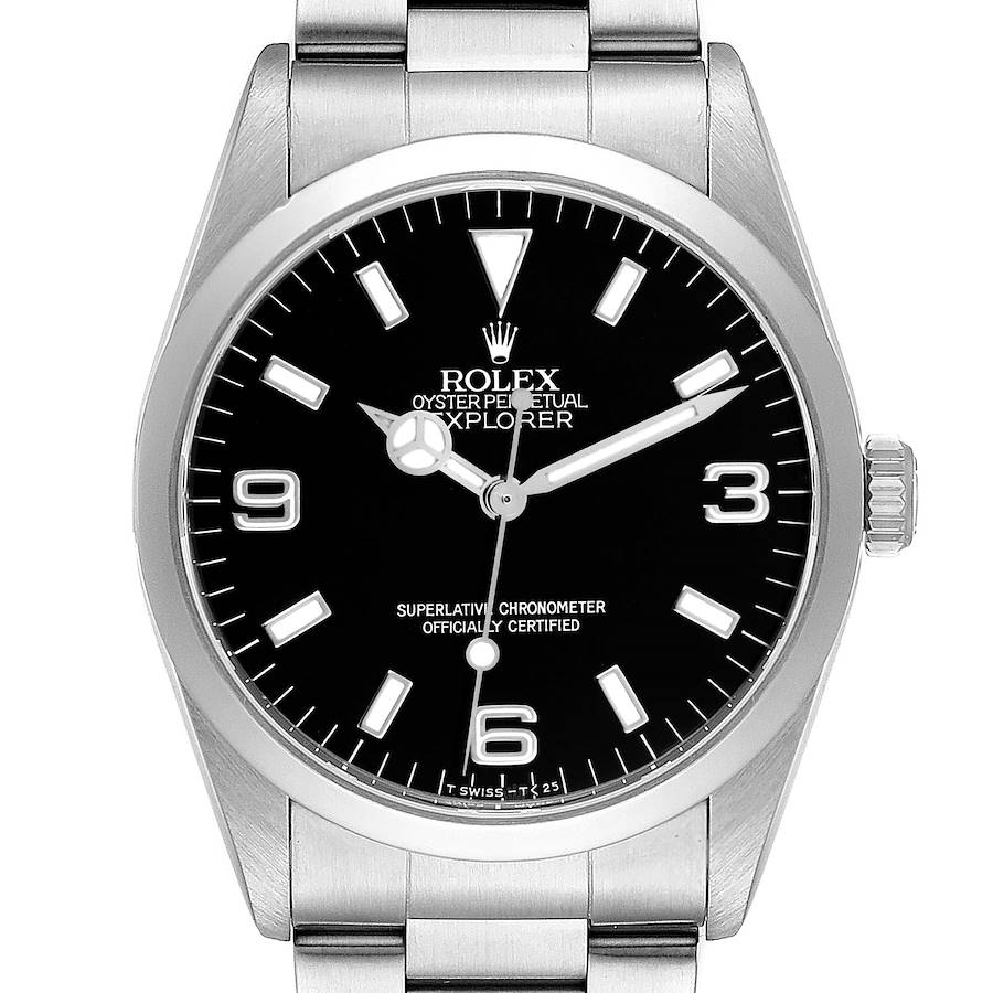 The Rolex Explorer model 14270 is shown from a top-down angle, highlighting the dial, bezel, crown, and part of the bracelet.