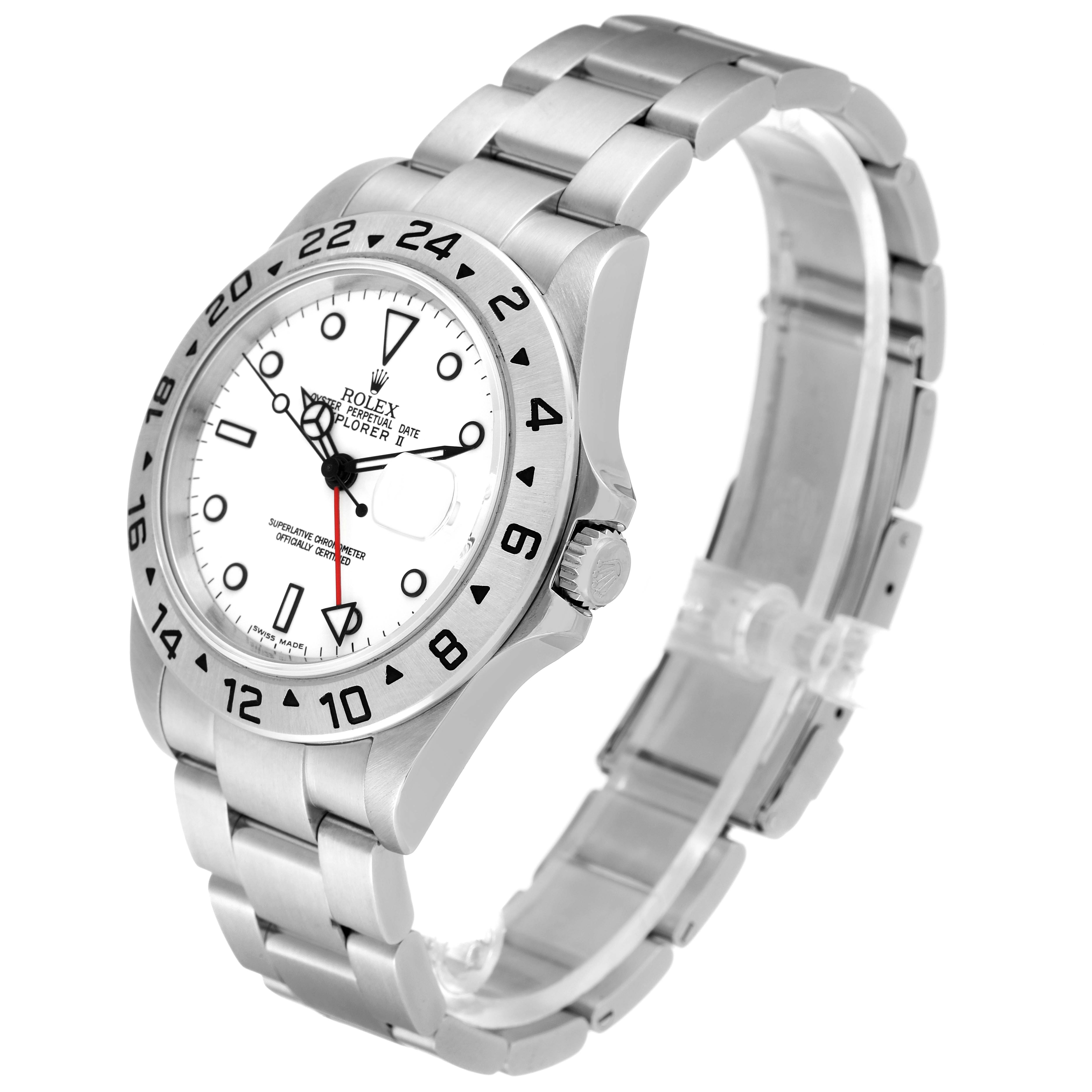 The Rolex Explorer 16570 Men's Stainless Steel White Dial 16570 Men's Stainless Steel White Dial watch is shown at a three-quarter angle, displaying the face, bezel, crown, and bracelet.