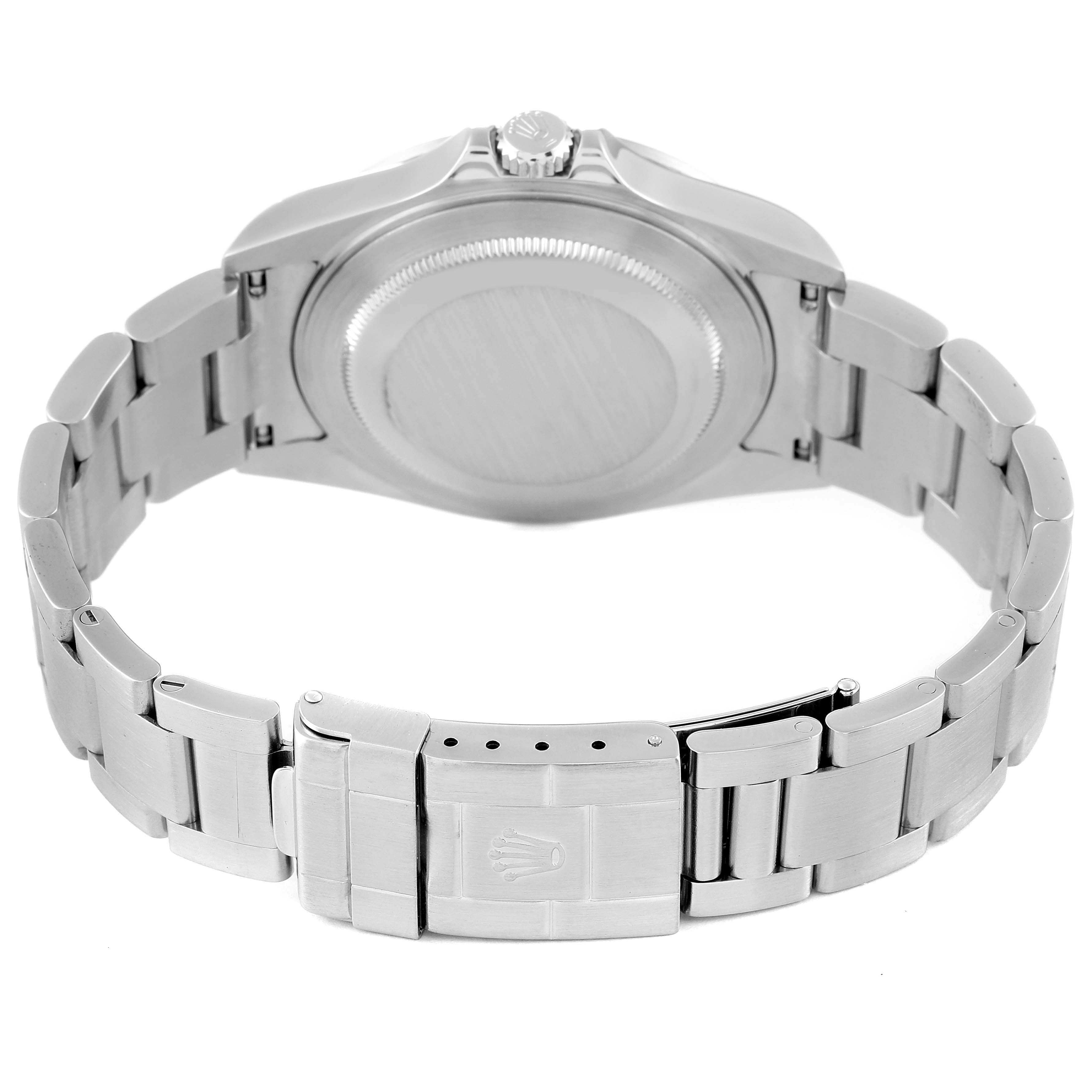 The image shows the back view of a Rolex Explorer 16570 Men's Stainless Steel White Dial 16570 Men's Stainless Steel White Dial, highlighting the stainless steel case and bracelet with the clasp open.