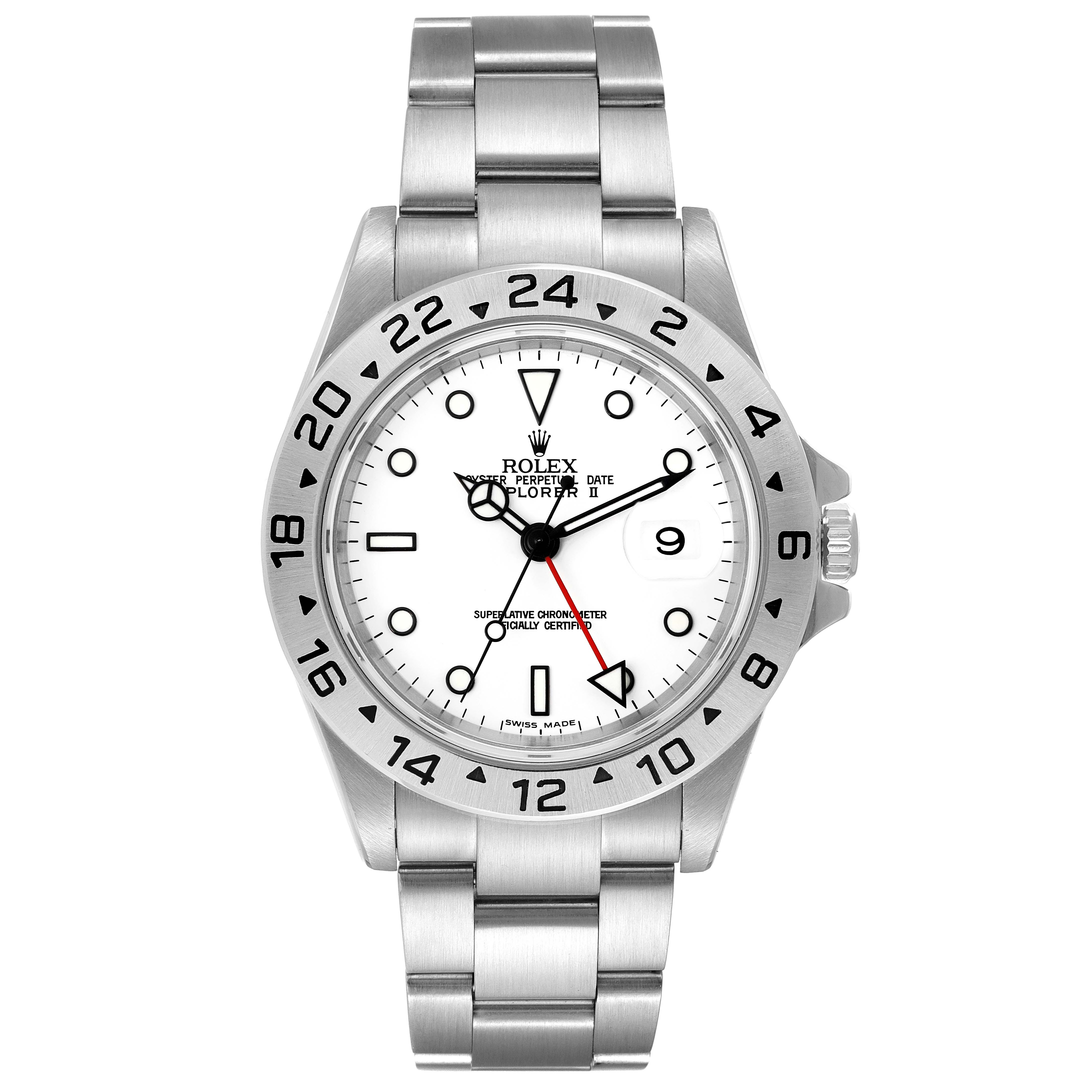 The image displays a front view of the Rolex Explorer 16570 Men's Stainless Steel White Dial 16570 Men's Stainless Steel White Dial watch, showcasing its dial, bezel, bracelet, and crown.