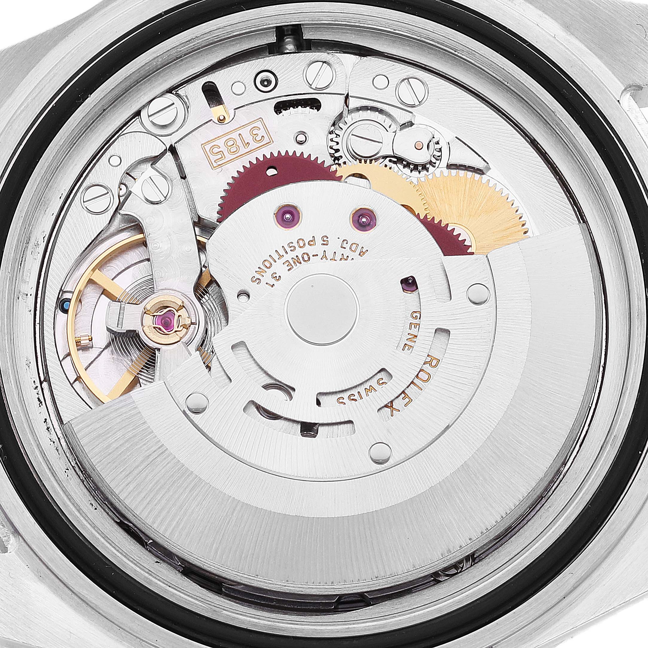 The image shows the internal movement mechanism of a Rolex Explorer 16570 Men's Stainless Steel White Dial 16570 Men's Stainless Steel White Dial watch from a close-up angle.