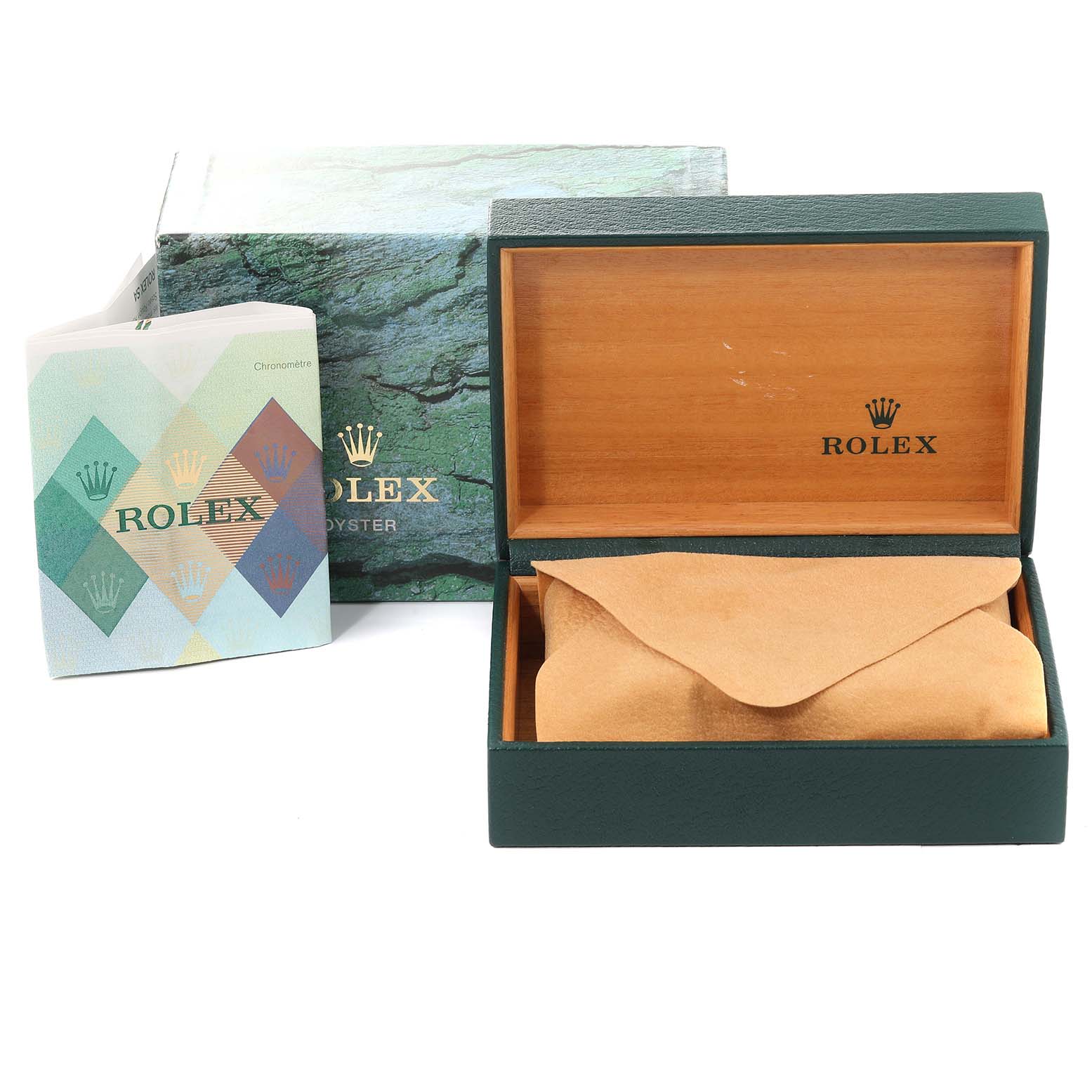 This image shows the packaging and box for a Rolex Explorer 16570 Men's Stainless Steel White Dial 16570 Men's Stainless Steel White Dial watch, including an outer box, inner box, and booklet.