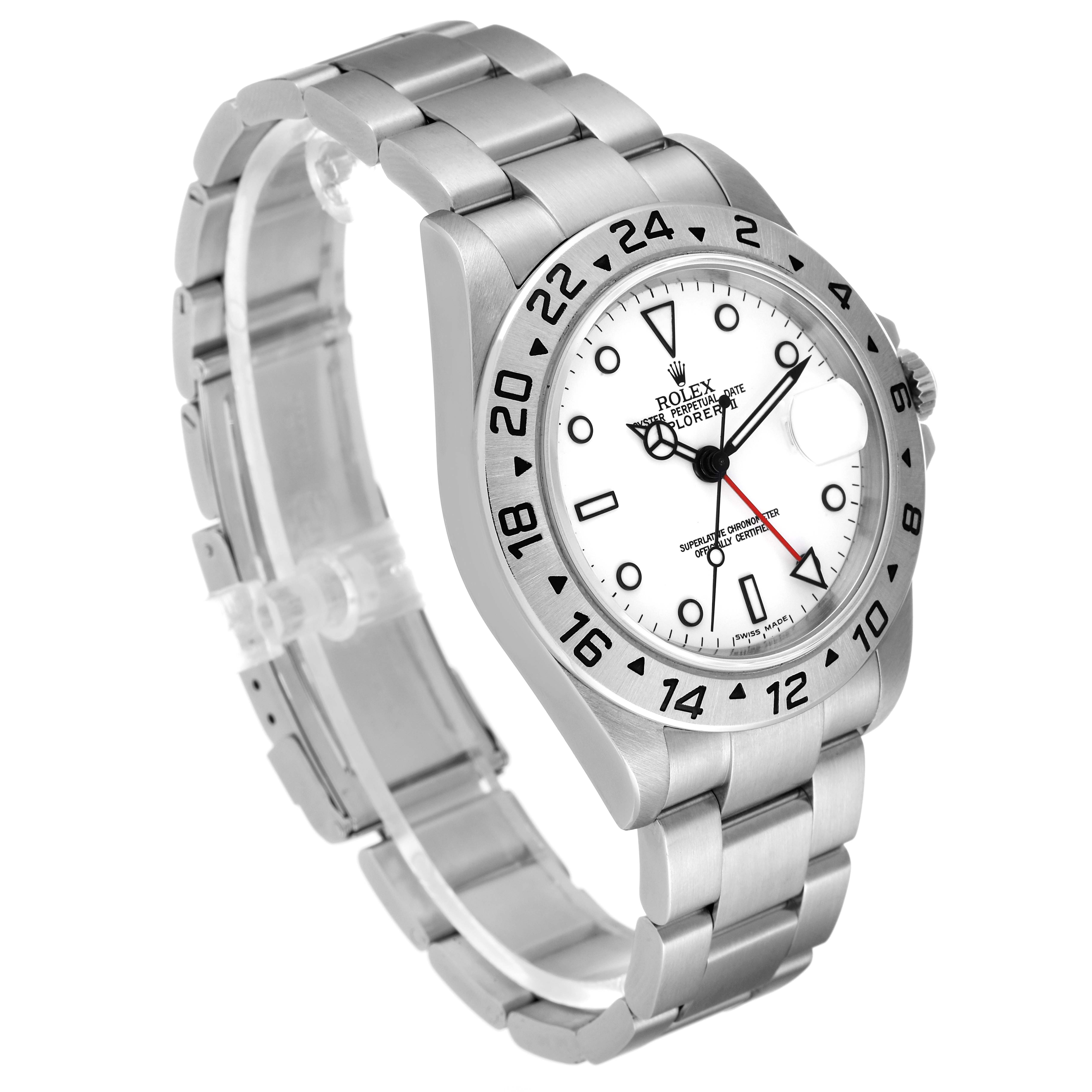 The image shows a Rolex Explorer 16570 Men's Stainless Steel White Dial 16570 Men's Stainless Steel White Dial watch angled to display its dial, bezel, and partially open metal bracelet.