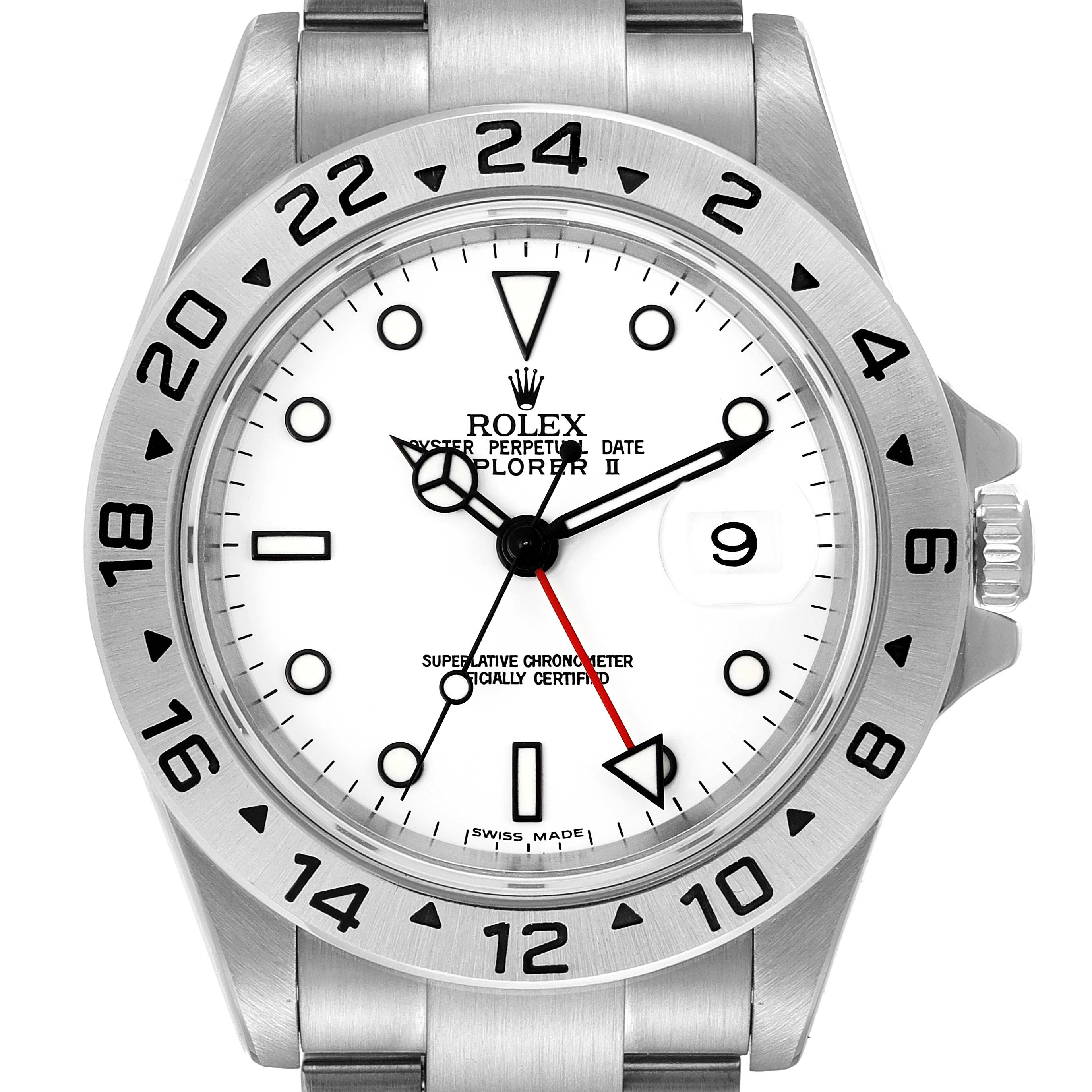 The image shows a Rolex Explorer 16570 Men's Stainless Steel White Dial 16570 Men's Stainless Steel White Dial watch from the front, highlighting the dial, bezel, and part of the bracelet.