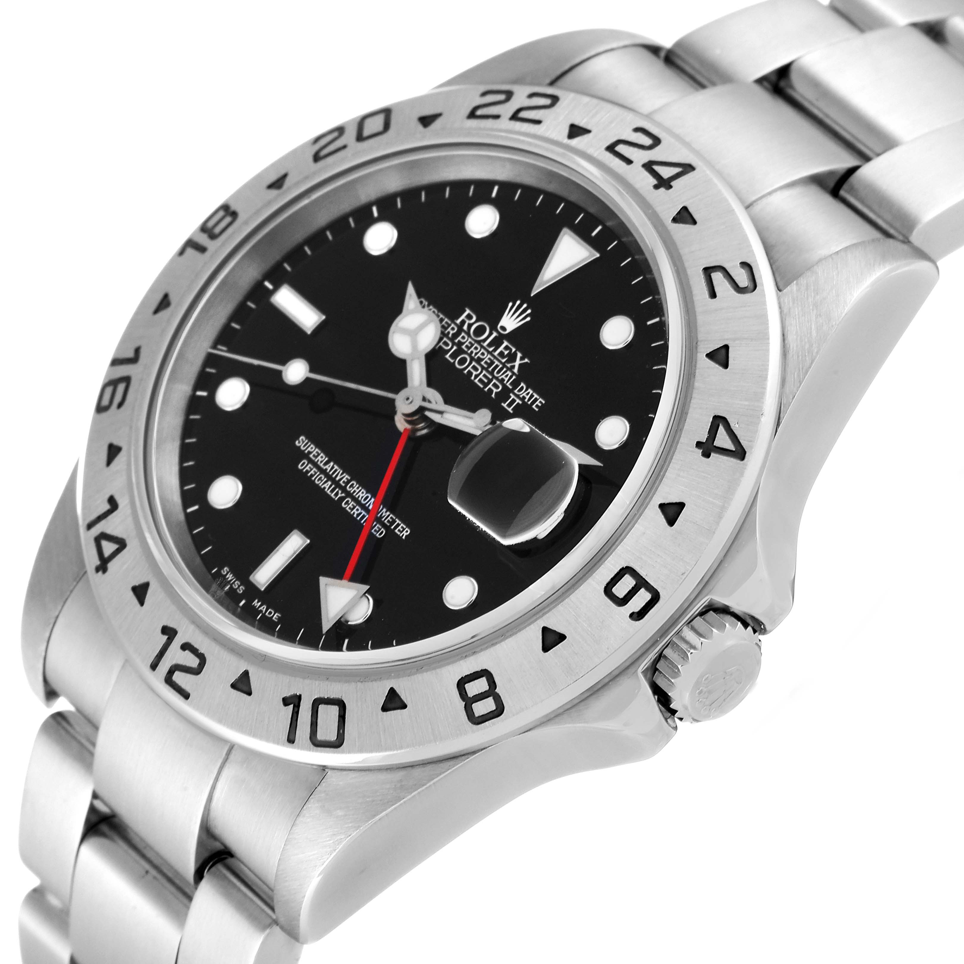 The Rolex Explorer 16570 Men
s Stainless Steel Black Dial 16570 Men
s Stainless Steel Black Dial watch is shown at a slight angle, displaying its bezel, crown, and a portion of its bracelet.