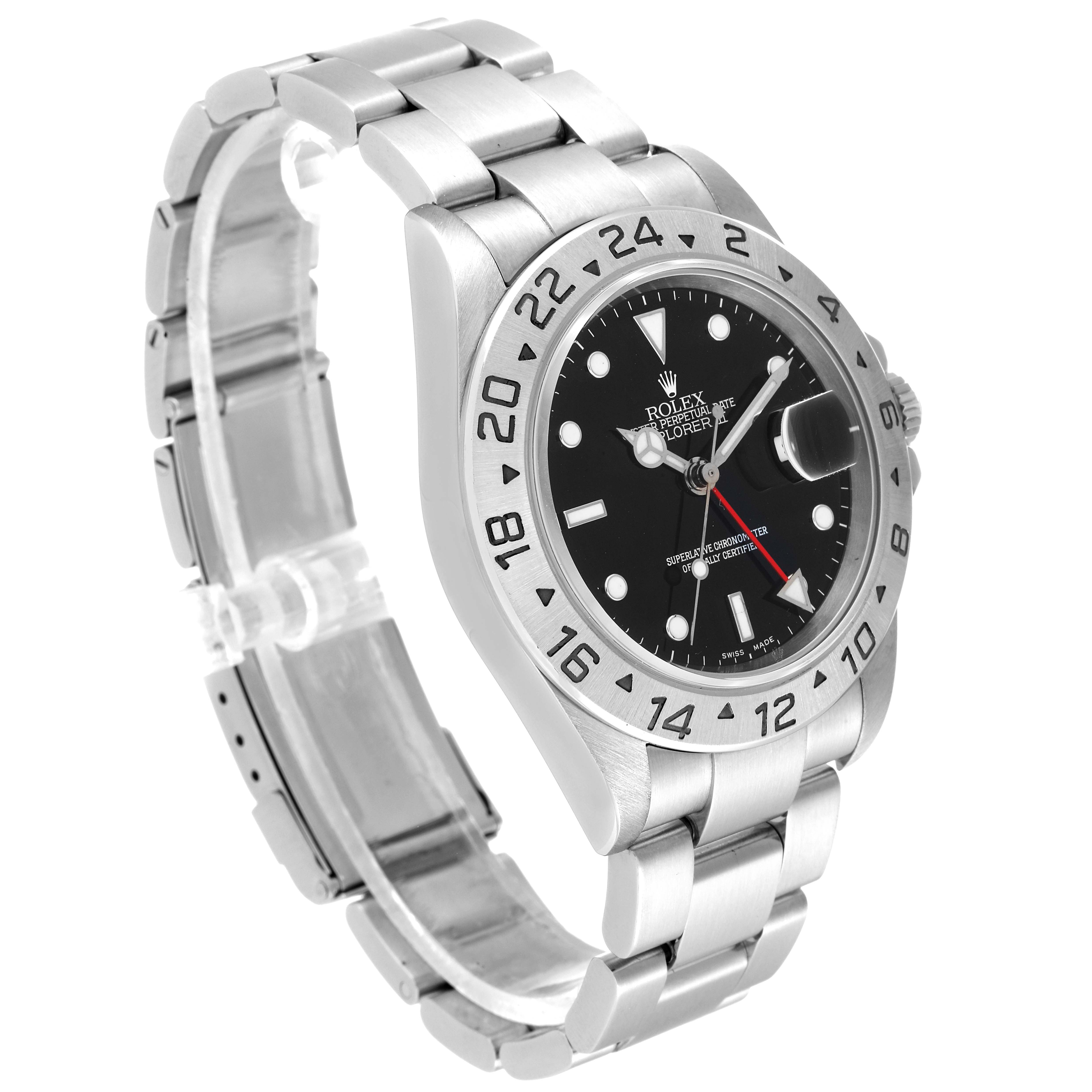 The Rolex Explorer 16570 Men
s Stainless Steel Black Dial 16570 Men
s Stainless Steel Black Dial watch is shown at an angled side view, displaying its bracelet, bezel, and dial clearly.