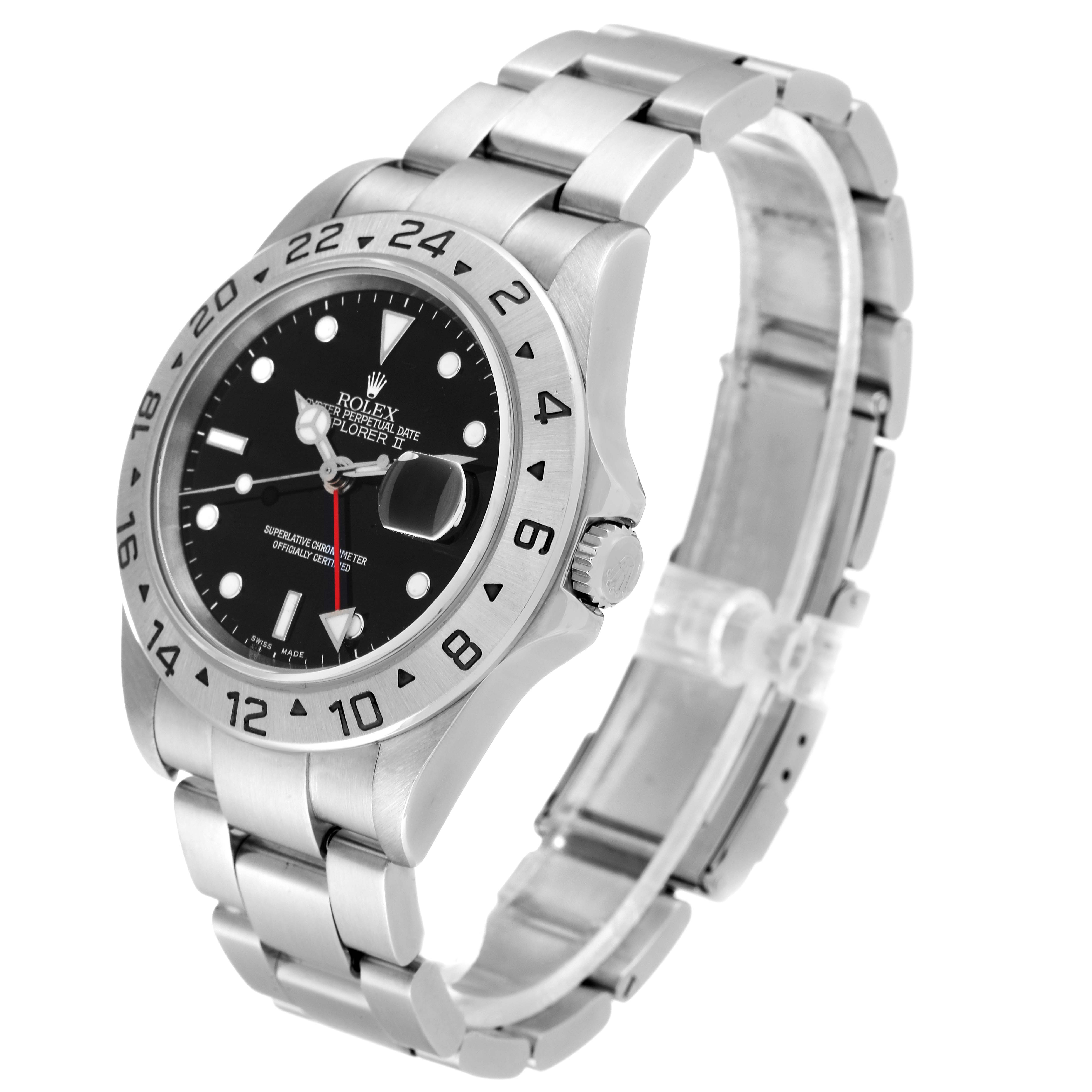 This image shows a side angle view of the Rolex Explorer 16570 Men
s Stainless Steel Black Dial 16570 Men
s Stainless Steel Black Dial watch, including its bezel, dial, case, and metal bracelet.