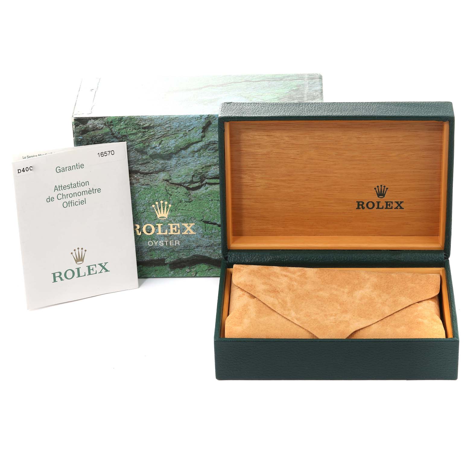 The image shows an open Rolex Explorer 16570 Men
s Stainless Steel Black Dial 16570 Men
s Stainless Steel Black Dial watch box, a certificate, and suede pouch with the box cover in the background.