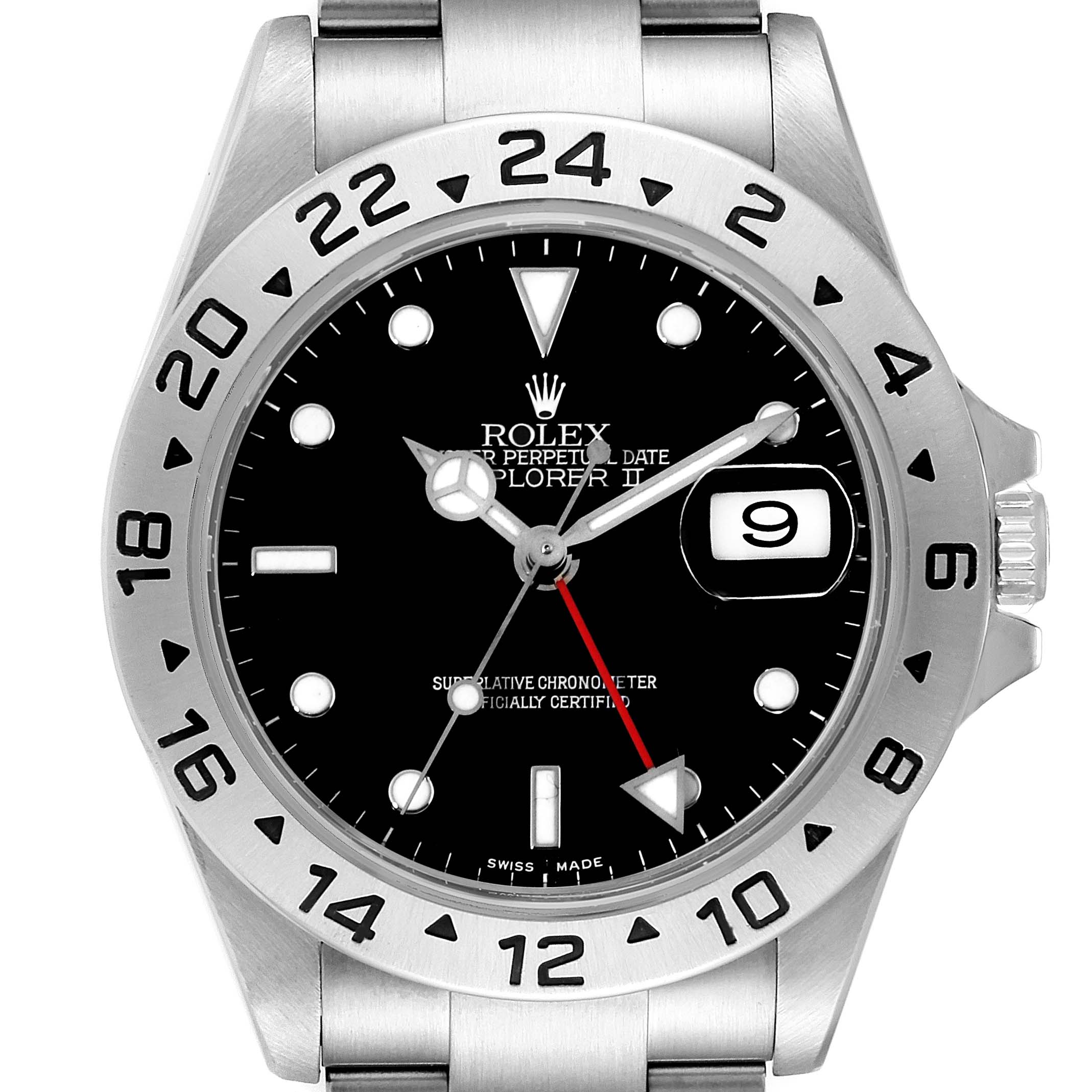 The image shows a front view of a Rolex Explorer 16570 Men
s Stainless Steel Black Dial 16570 Men
s Stainless Steel Black Dial watch, detailing the bezel, dial, hands, and date display.