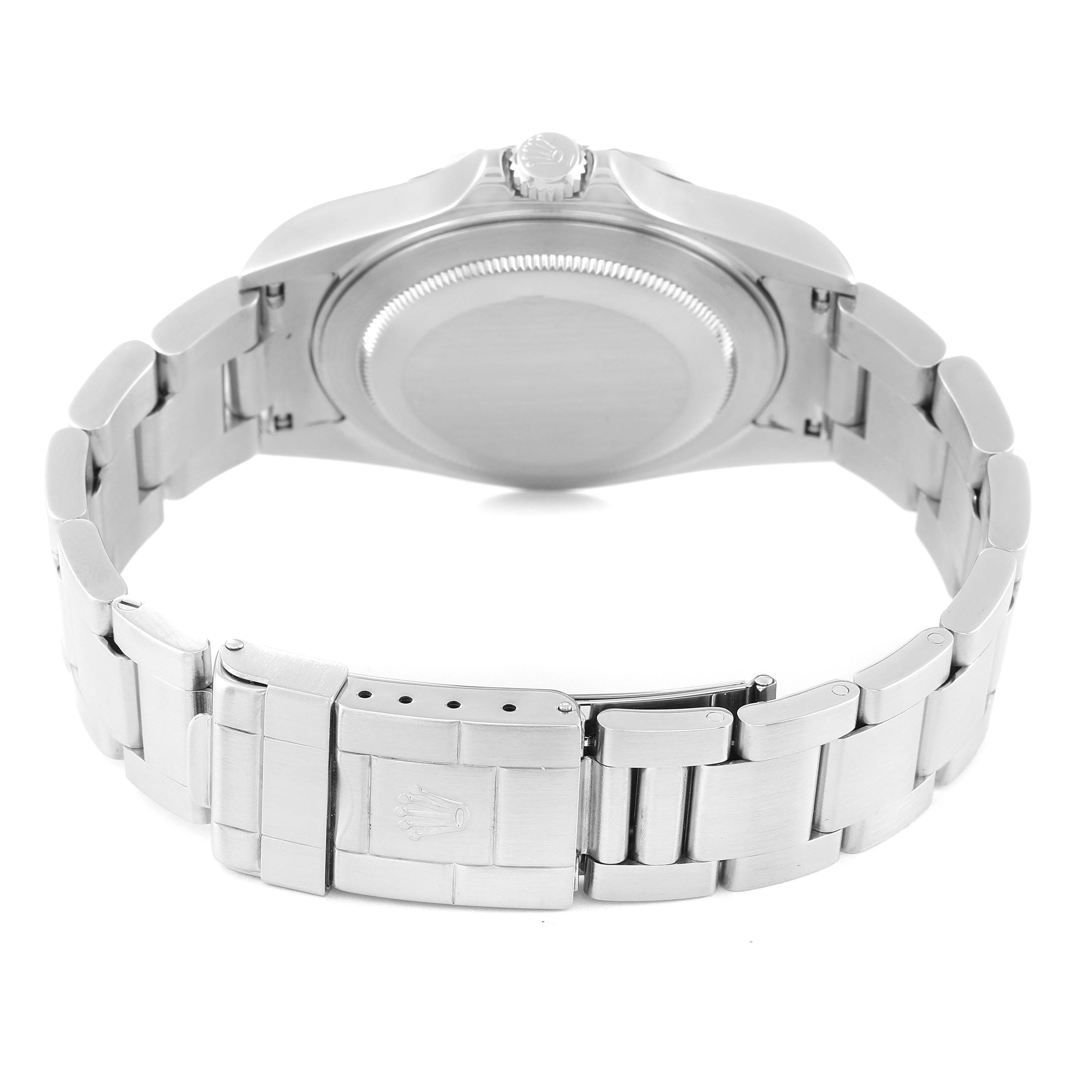 The image shows the back view of a Rolex Explorer 16570 Men
s Stainless Steel Black Dial 16570 Men
s Stainless Steel Black Dial watch, highlighting the clasp, bracelet, and case back.