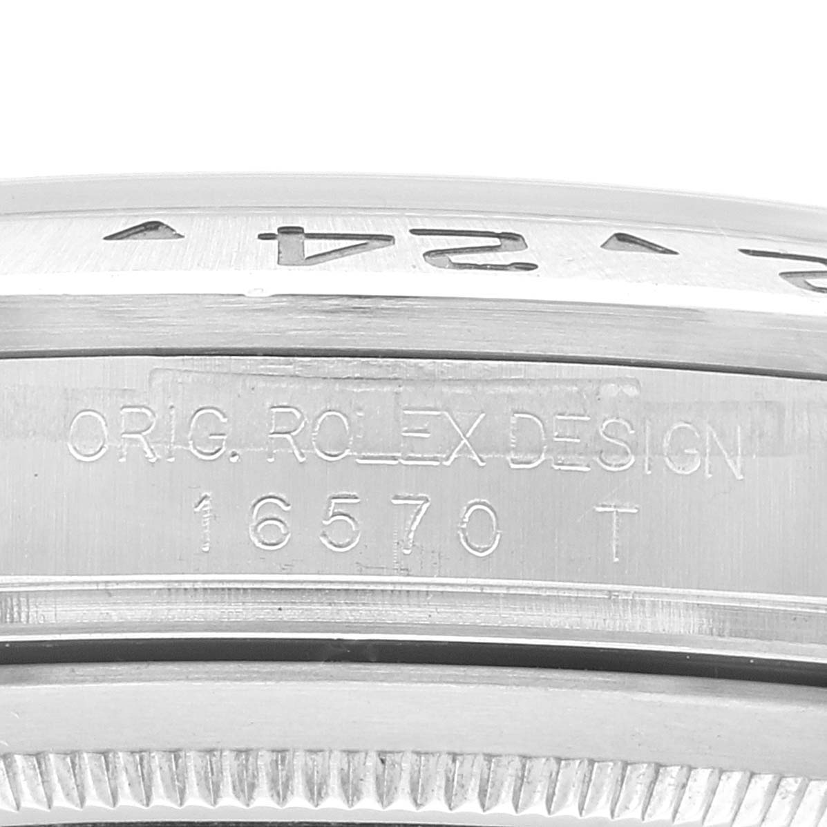 This close-up image shows the side engraving and partial bezel of a Rolex Explorer 16570 Men
s Stainless Steel Black Dial 16570 Men
s Stainless Steel Black Dial model, indicating its design and reference number.