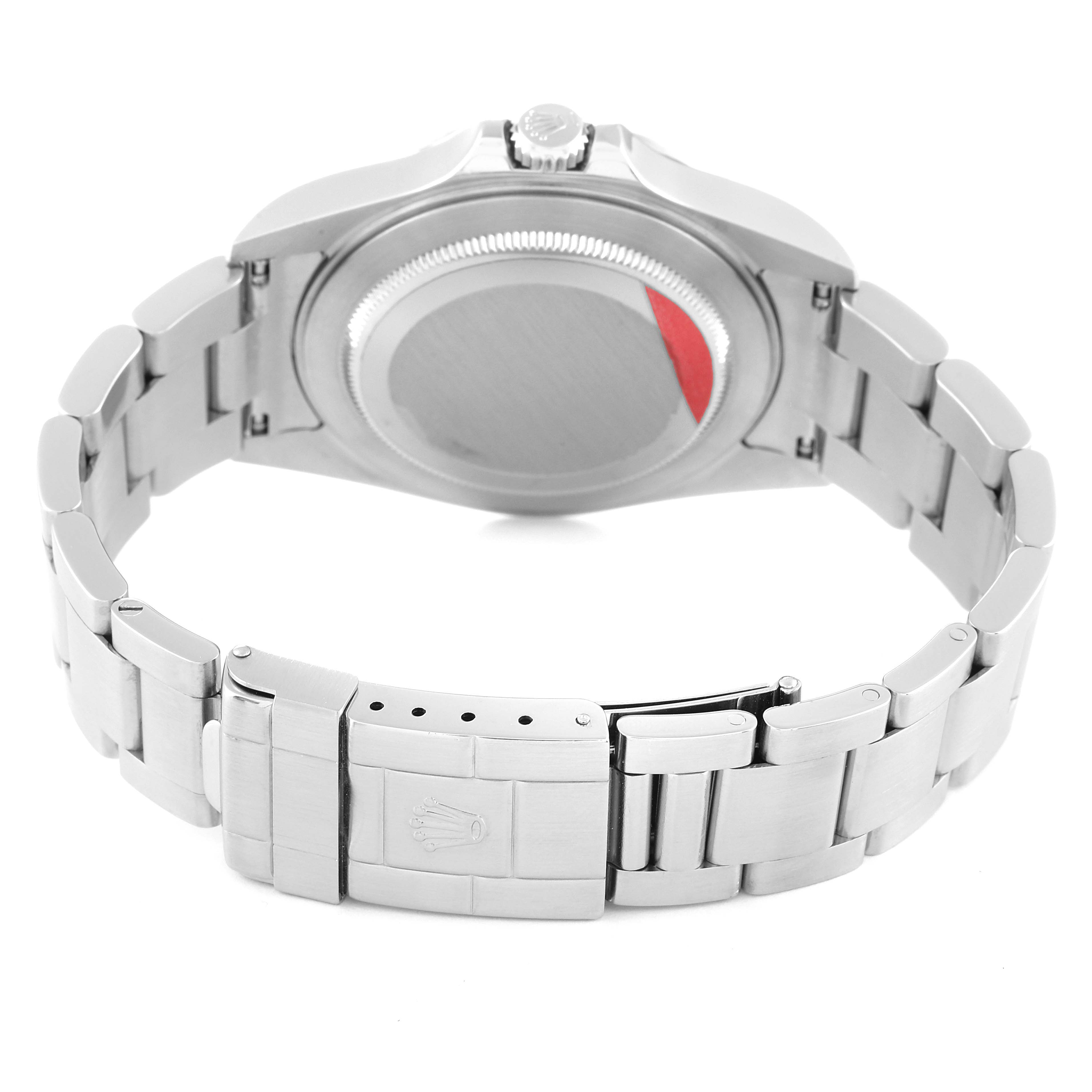 This image shows the back view of the Rolex Explorer 16570 Men
s Stainless Steel Black Dial 16570 Men
s Stainless Steel Black Dial watch, highlighting the case back, bracelet, and clasp.