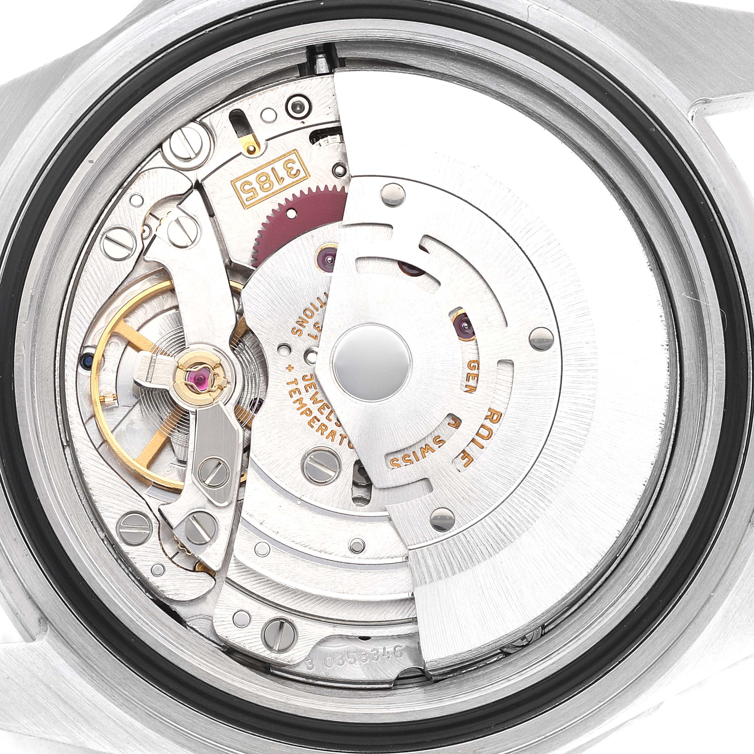 The image shows the internal mechanism of a Rolex Explorer 16570 Men
s Stainless Steel Black Dial 16570 Men
s Stainless Steel Black Dial watch, highlighting its intricate movement parts.