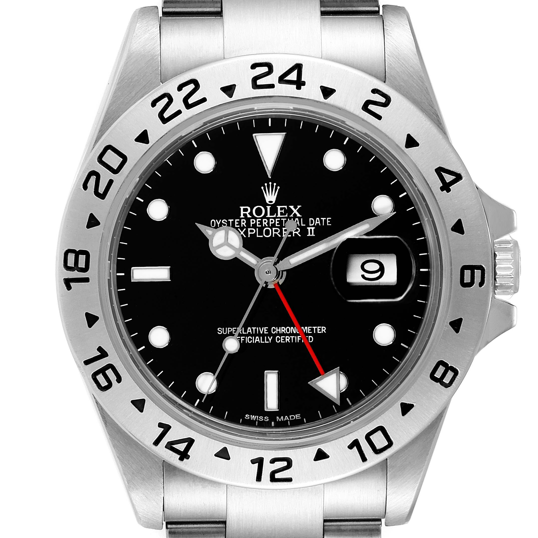 The image shows a front view of the Rolex Explorer 16570 Men
s Stainless Steel Black Dial 16570 Men
s Stainless Steel Black Dial watch, displaying its dial, bezel, and bracelet.