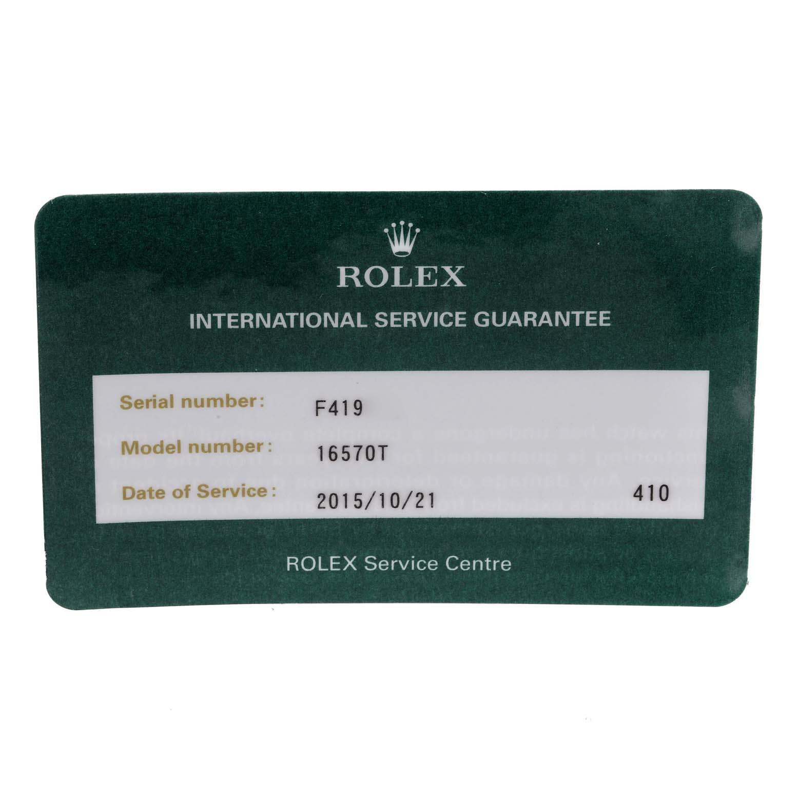 The image shows a green Rolex International Service Guarantee card for the Rolex Explorer 16570 Men
s Stainless Steel Black Dial 16570 Men
s Stainless Steel Black Dial model 16570T.