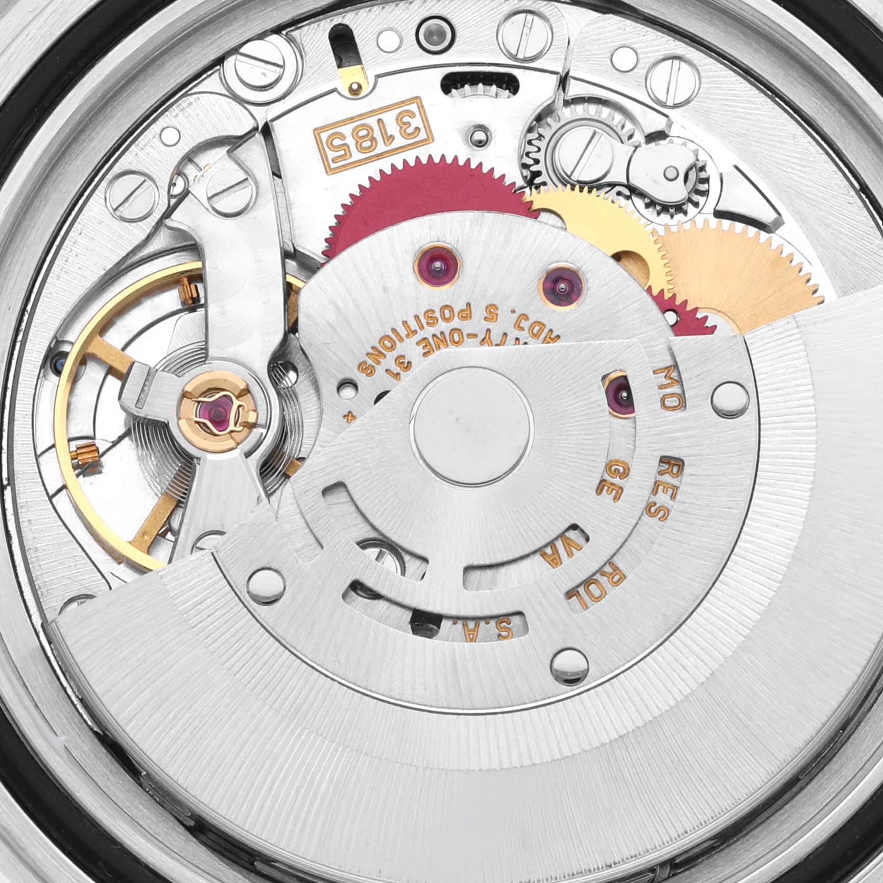 This image shows a close-up view of the Rolex Explorer 16570 Men
s Stainless Steel Black Dial 16570 Men
s Stainless Steel Black Dial
s movement and internal mechanisms.