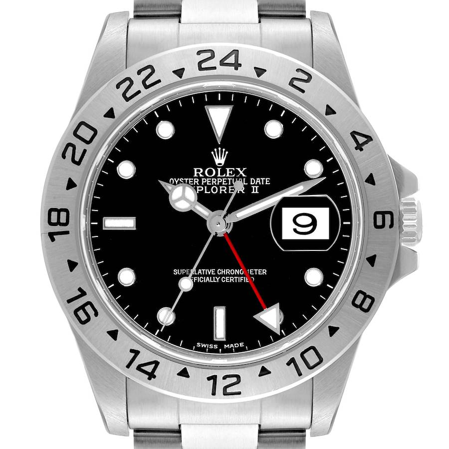 The image shows a front view of the Rolex Explorer II watch, displaying the dial, bezel, date window, and part of the stainless steel bracelet.