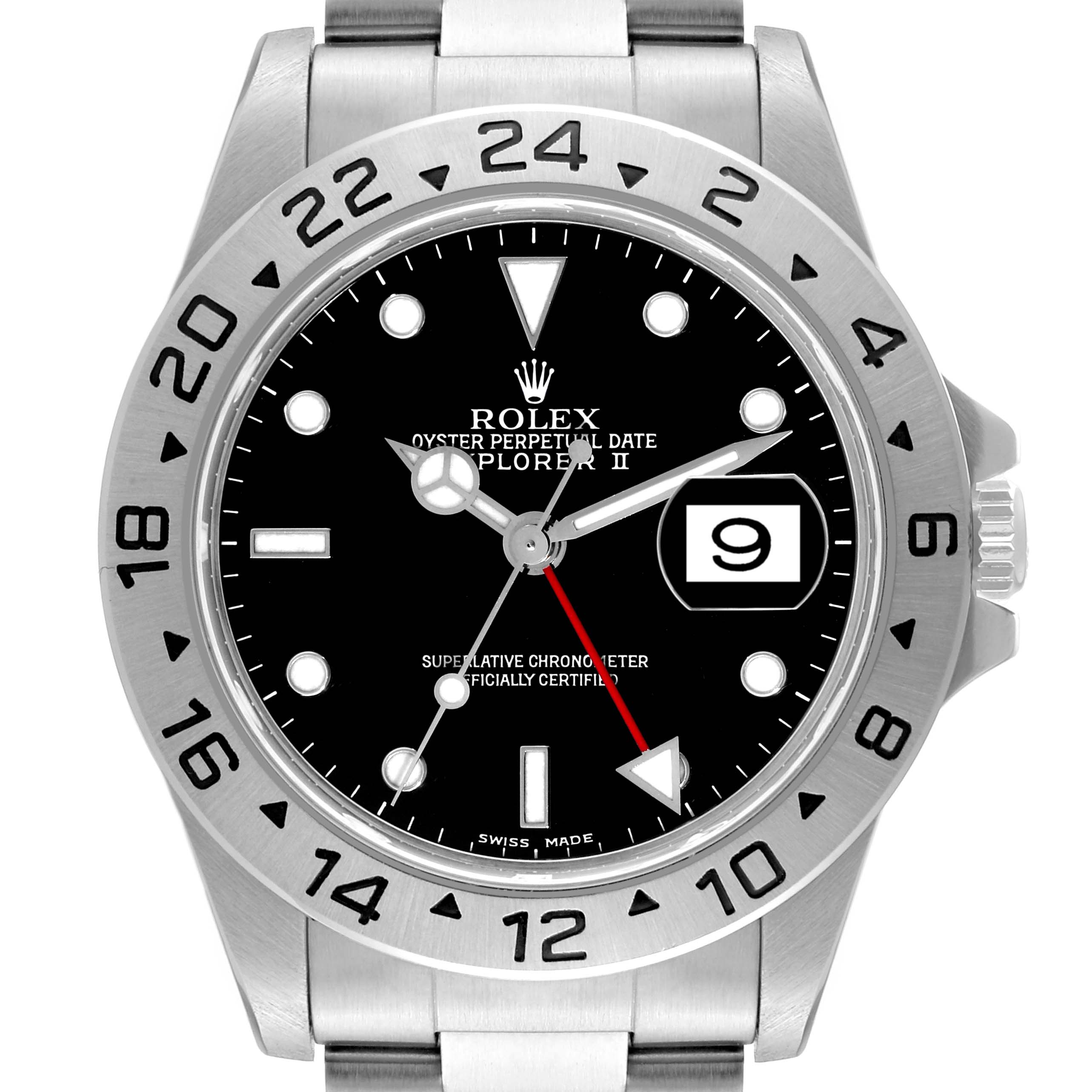 The image shows a front view of the Rolex Explorer 16570 Men
s Stainless Steel Black Dial 16570 Men
s Stainless Steel Black Dial watch, displaying the dial, bezel, date window, and part of the stainless steel bracelet.