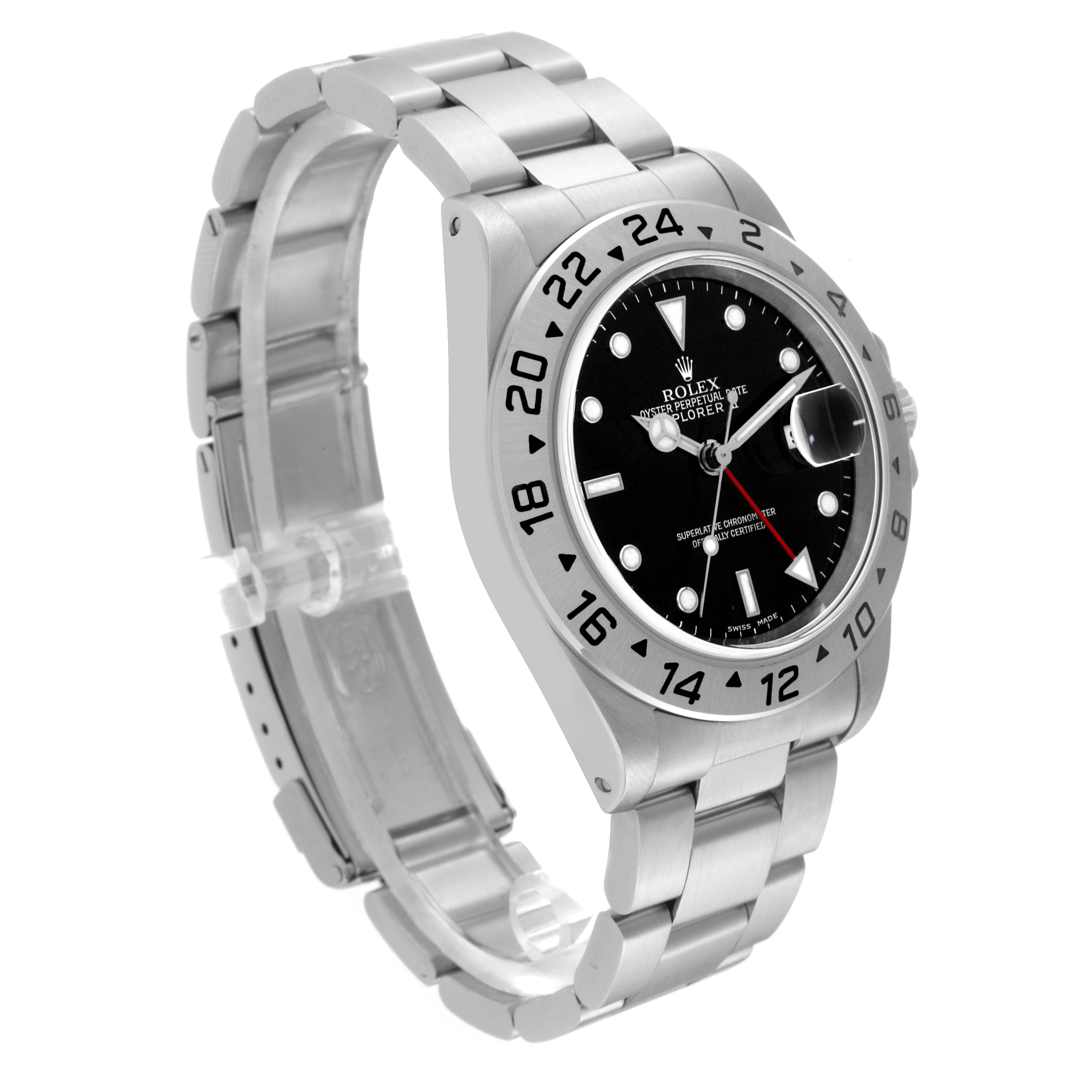 The image shows a side angle of the Rolex Explorer 16570 Men
s Stainless Steel Black Dial 16570 Men
s Stainless Steel Black Dial watch, highlighting the dial, bezel, and bracelet.