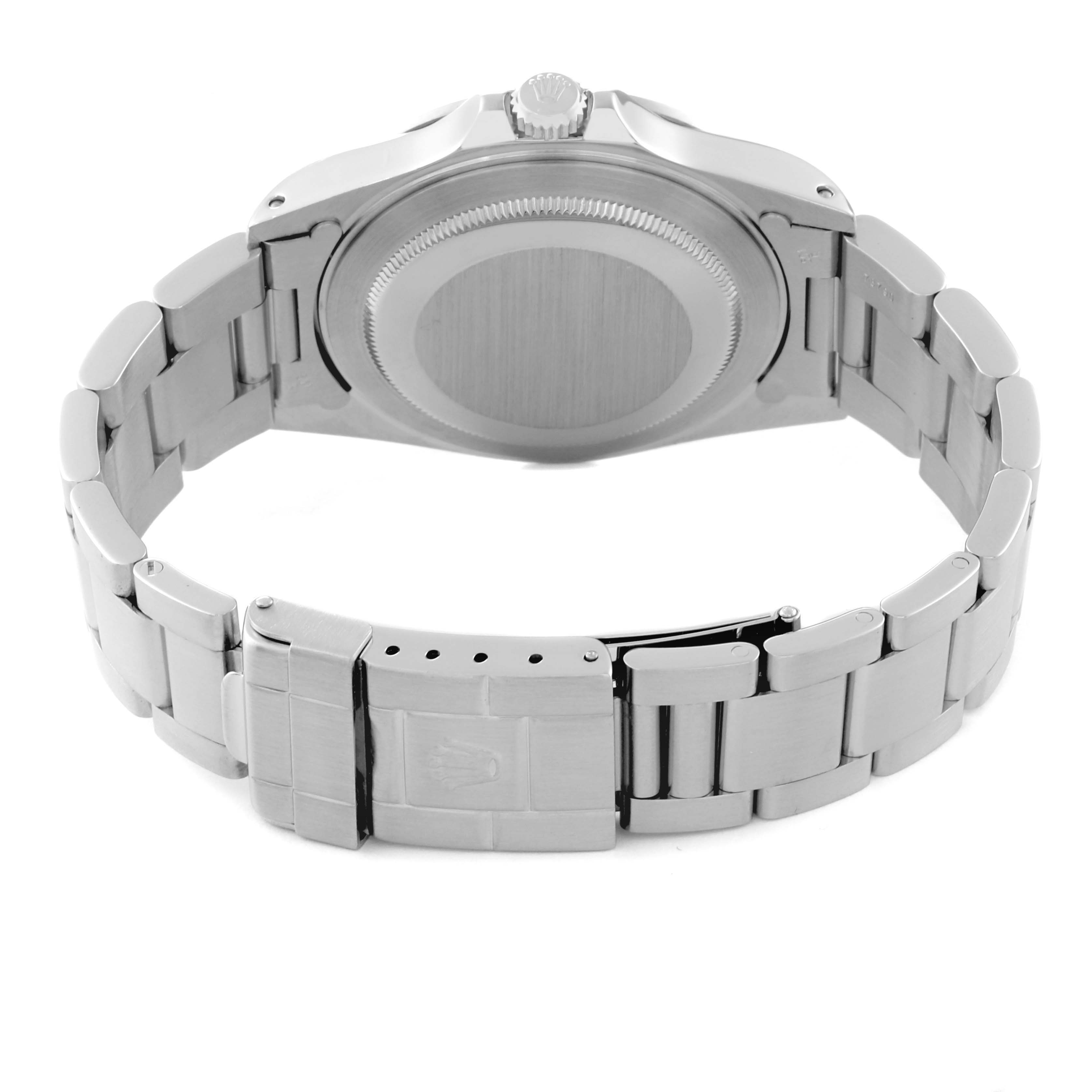 The image shows the back and clasp of a Rolex Explorer 16570 Men
s Stainless Steel Black Dial 16570 Men
s Stainless Steel Black Dial watch from a rear angle.