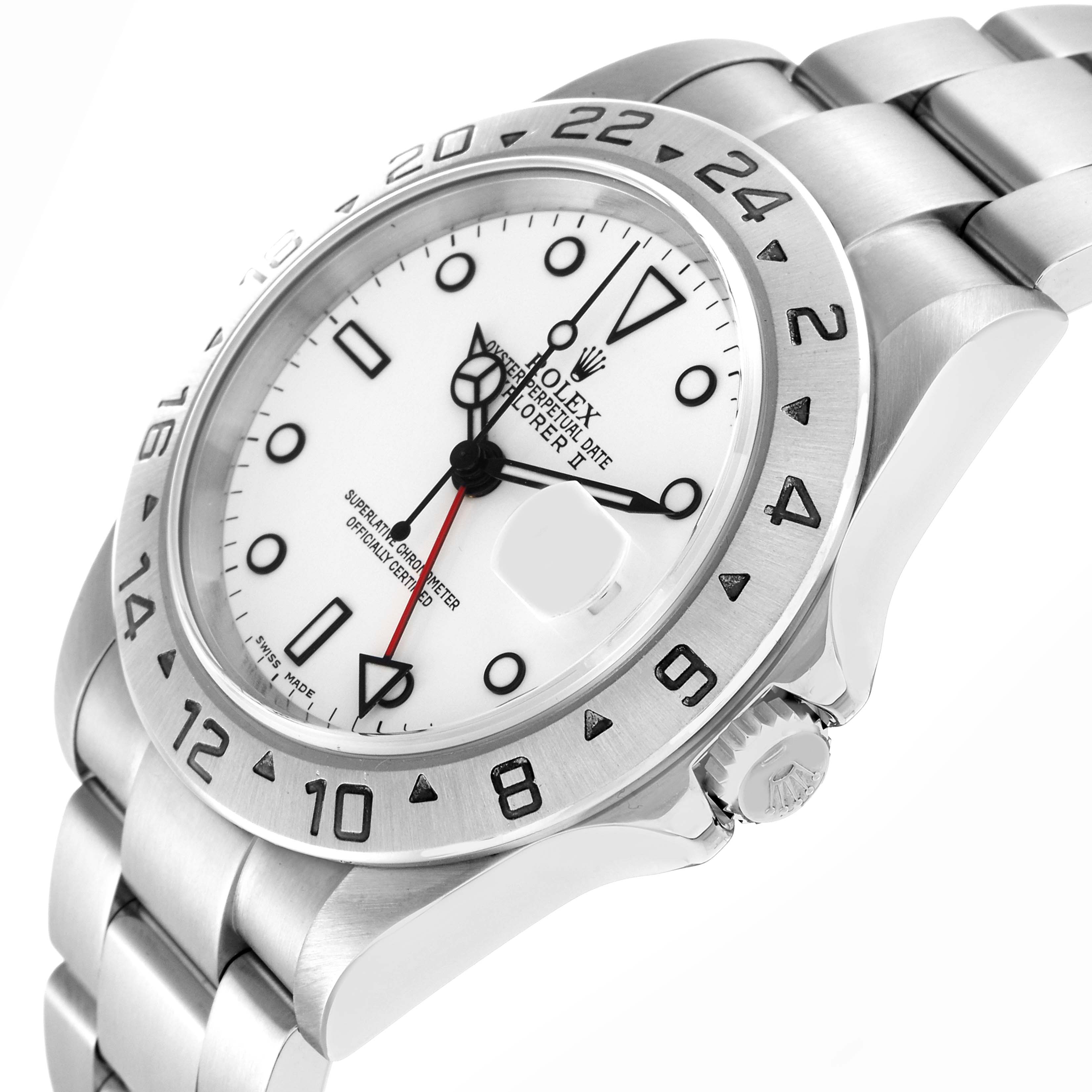 The Rolex Explorer model 16570 is shown at a slight angle, highlighting its bezel, dial, hands, and part of the bracelet.