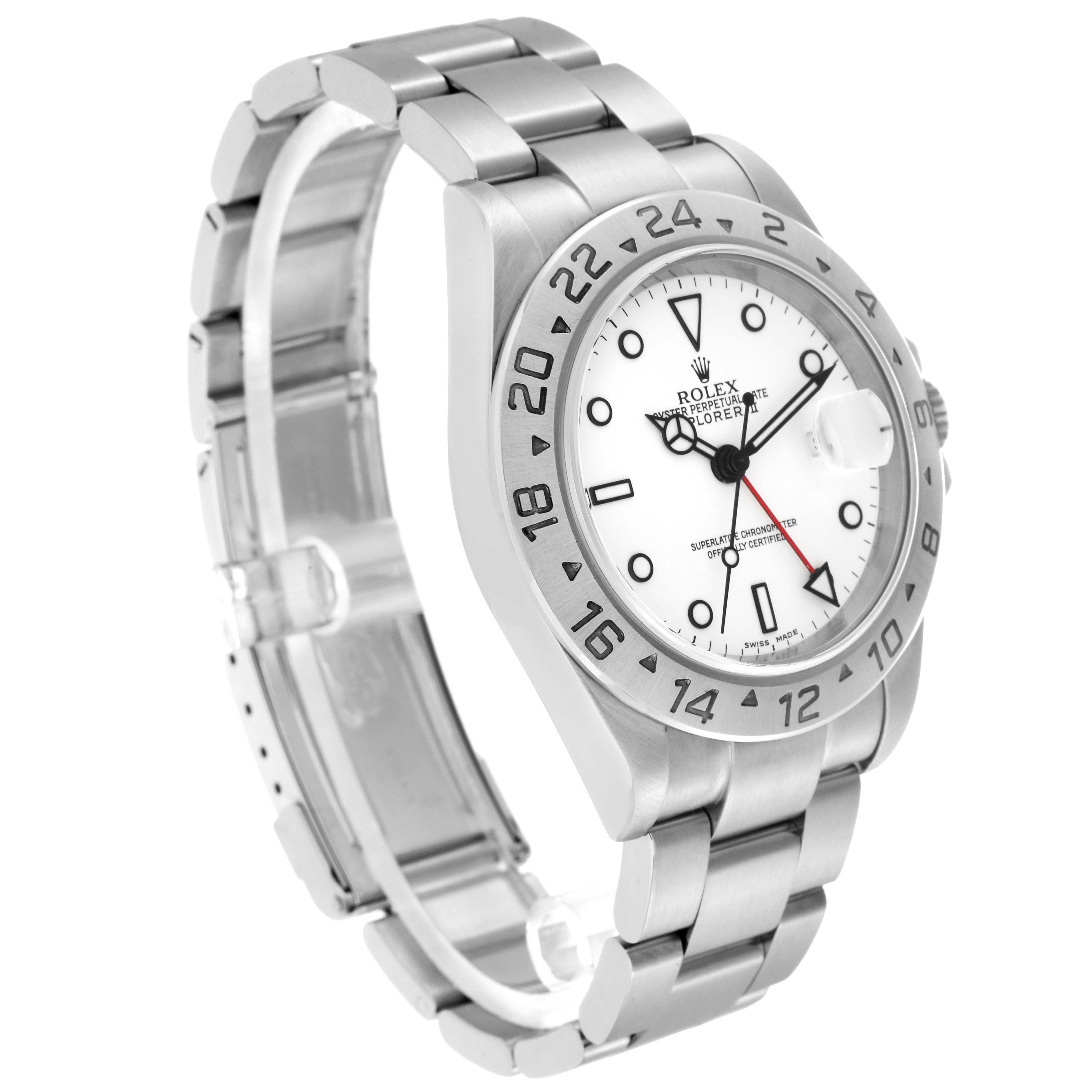 The Rolex Explorer model 16570 is shown at a three-quarter angle, highlighting the bezel, face, crown, and stainless steel bracelet.