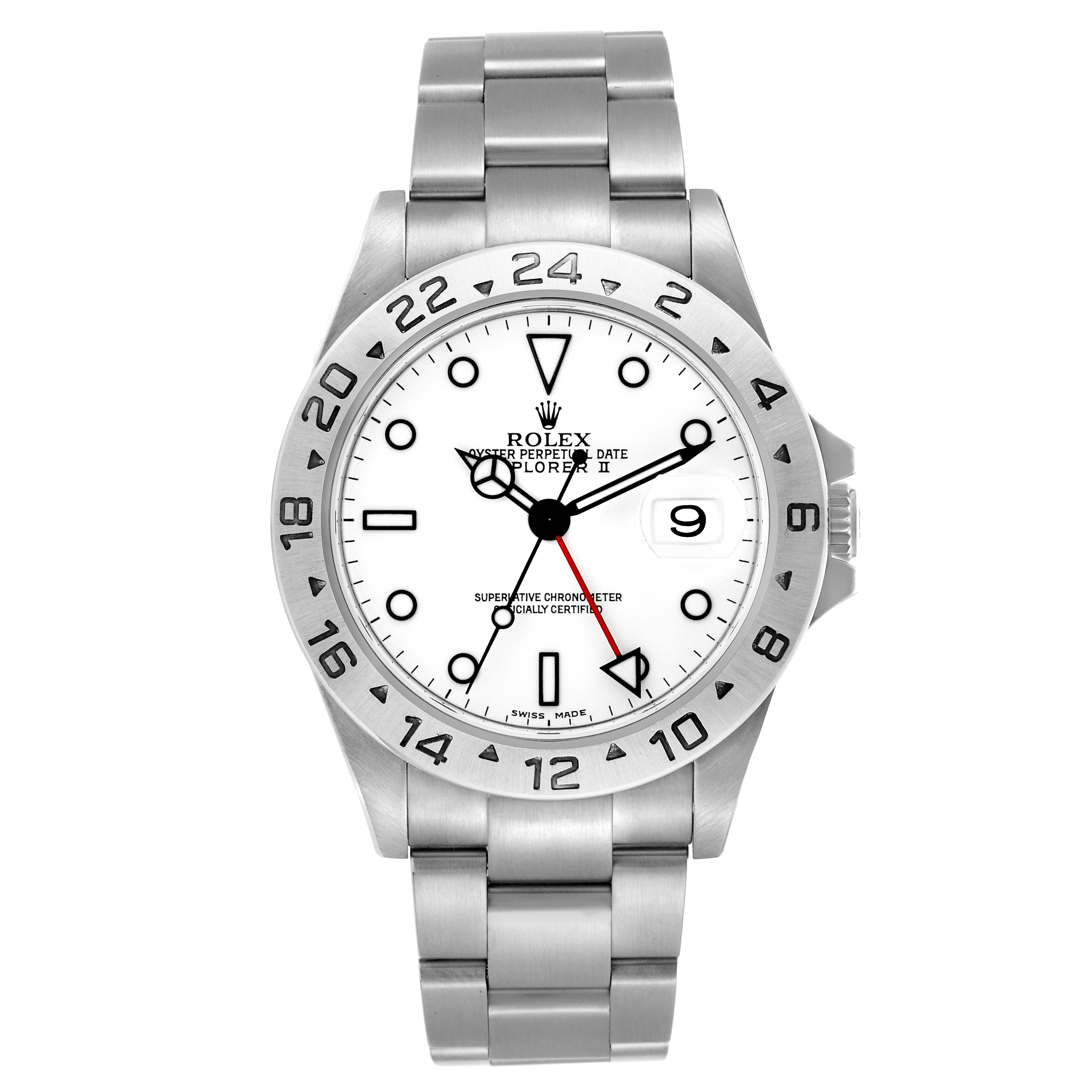 The Rolex Explorer model 16570 is shown from the front, displaying its face, bracelet, and bezel clearly.