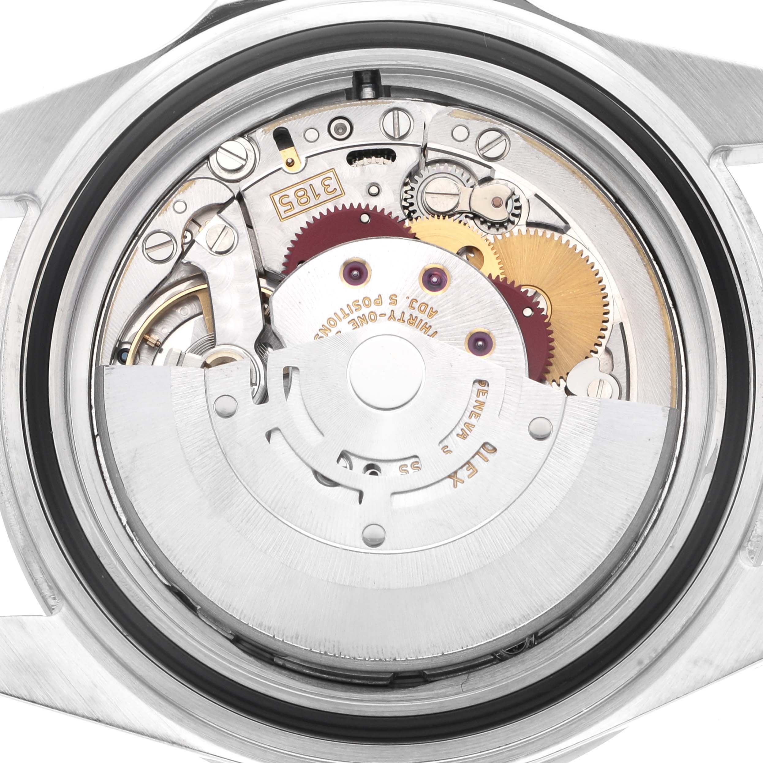 The image shows the movement of a Rolex Explorer model 16570 men's watch viewed from the back, highlighting its intricate gears and components.