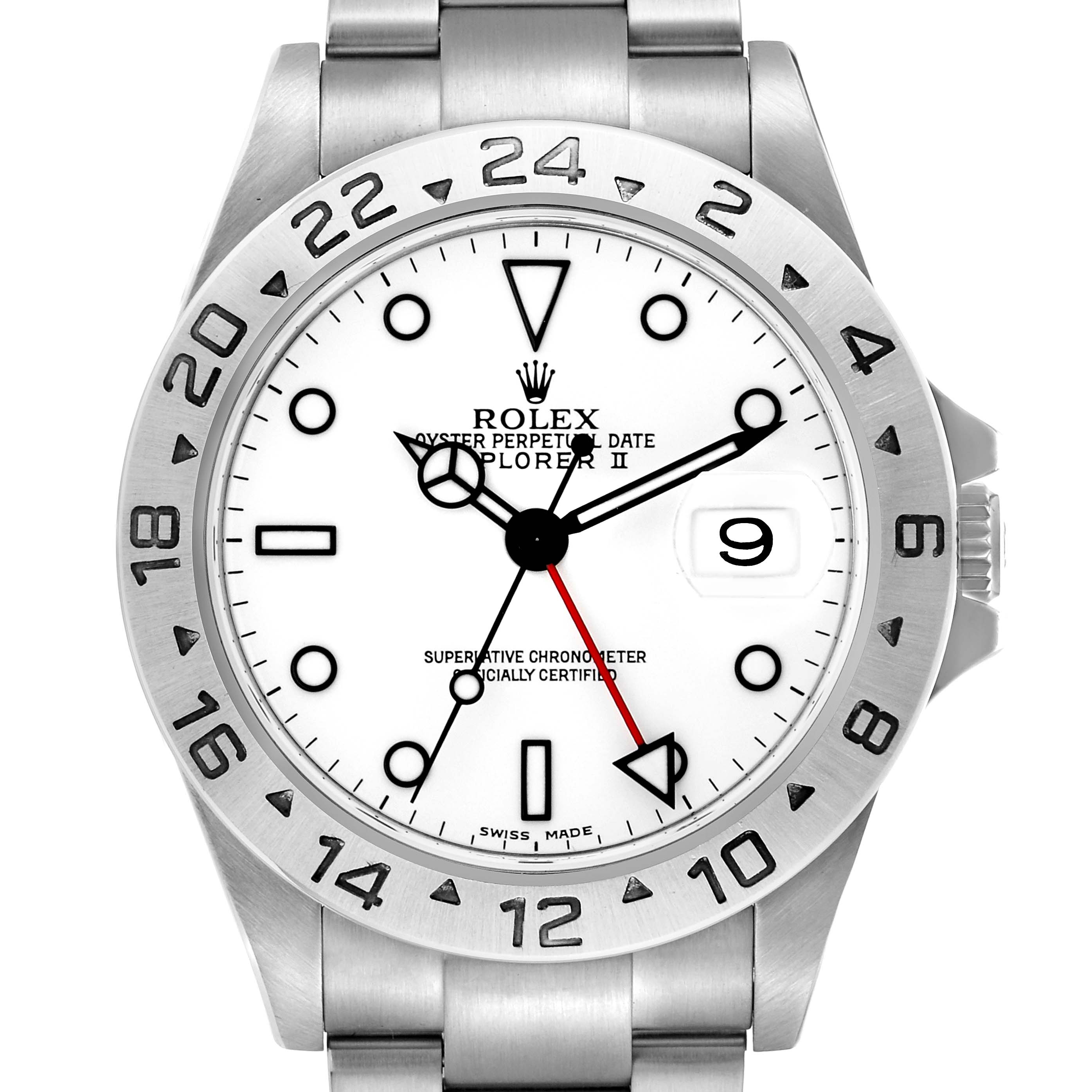 The image shows a frontal view of the Rolex Explorer II, model number 16570, highlighting the dial, bezel, hands, and part of the bracelet.