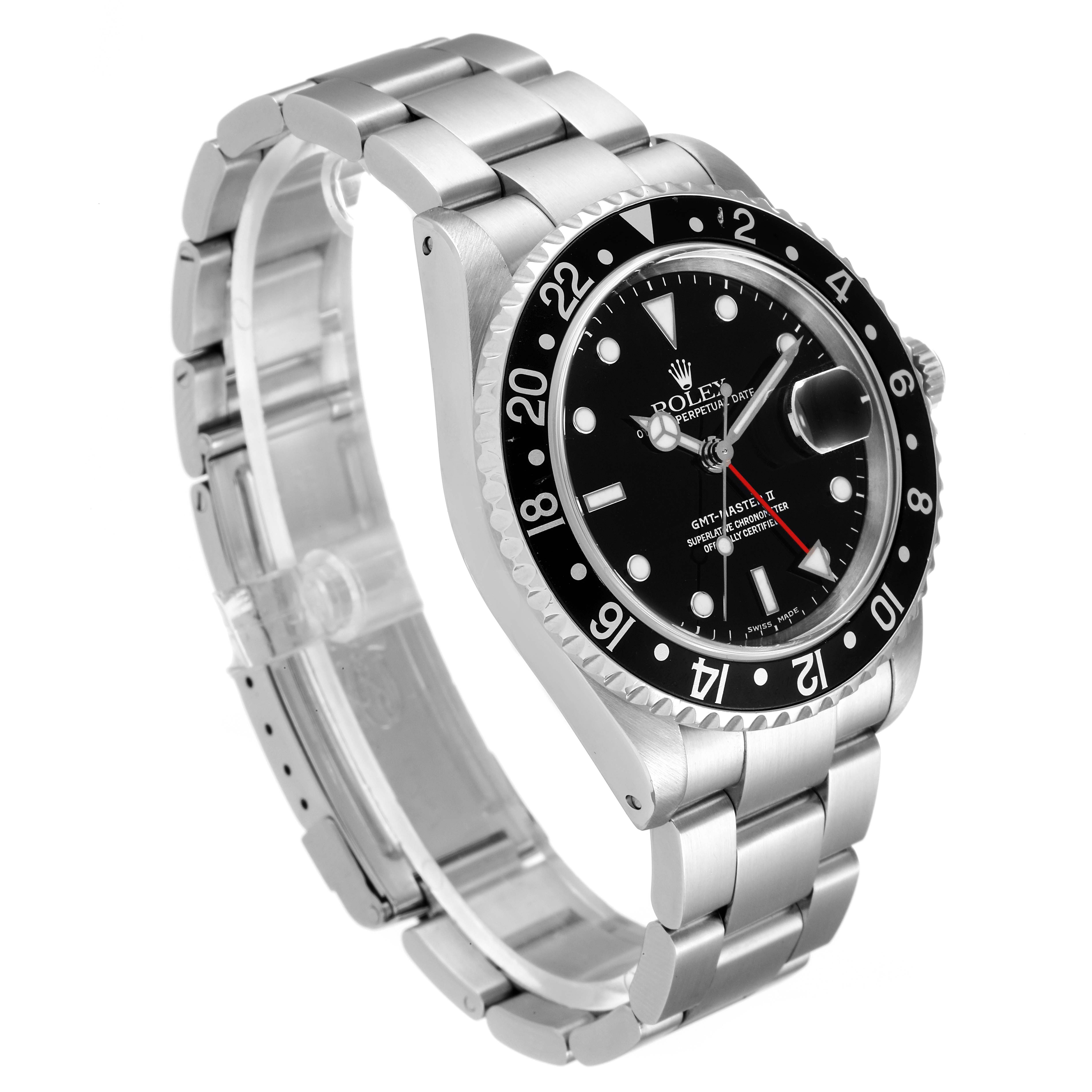 The image shows a Rolex GMT-Master 16710 Men
s Stainless Steel Black Dial 16710 Men
s Stainless Steel Black Dial watch at an angle featuring its dial, bezel, and bracelet.