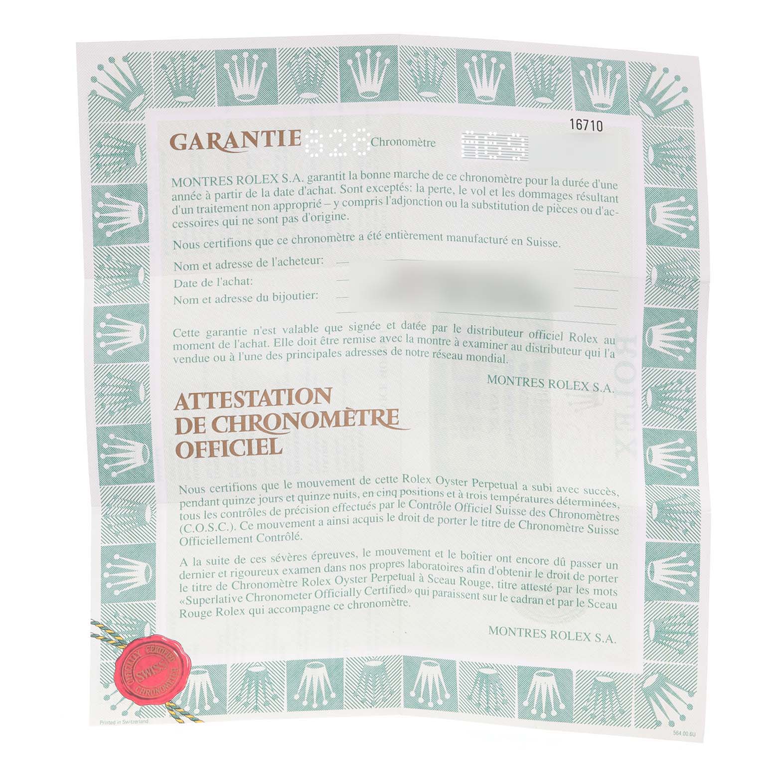 The image displays the warranty certificate of the Rolex GMT-Master 16710 Men
s Stainless Steel Black Dial 16710 Men
s Stainless Steel Black Dial watch.