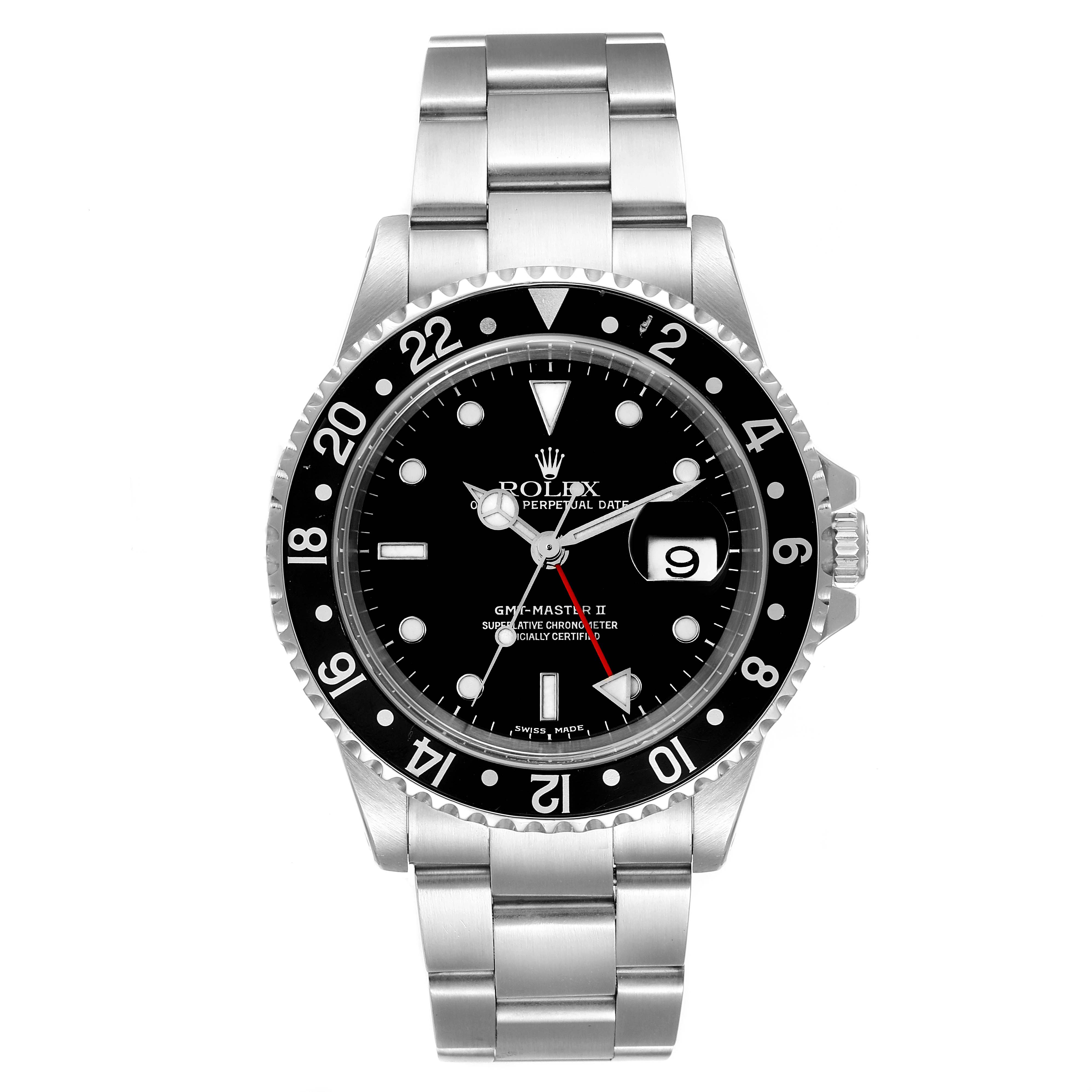 This is a front view of the Rolex GMT-Master 16710 Men
s Stainless Steel Black Dial 16710 Men
s Stainless Steel Black Dial watch, showcasing the dial, bezel, and full bracelet.