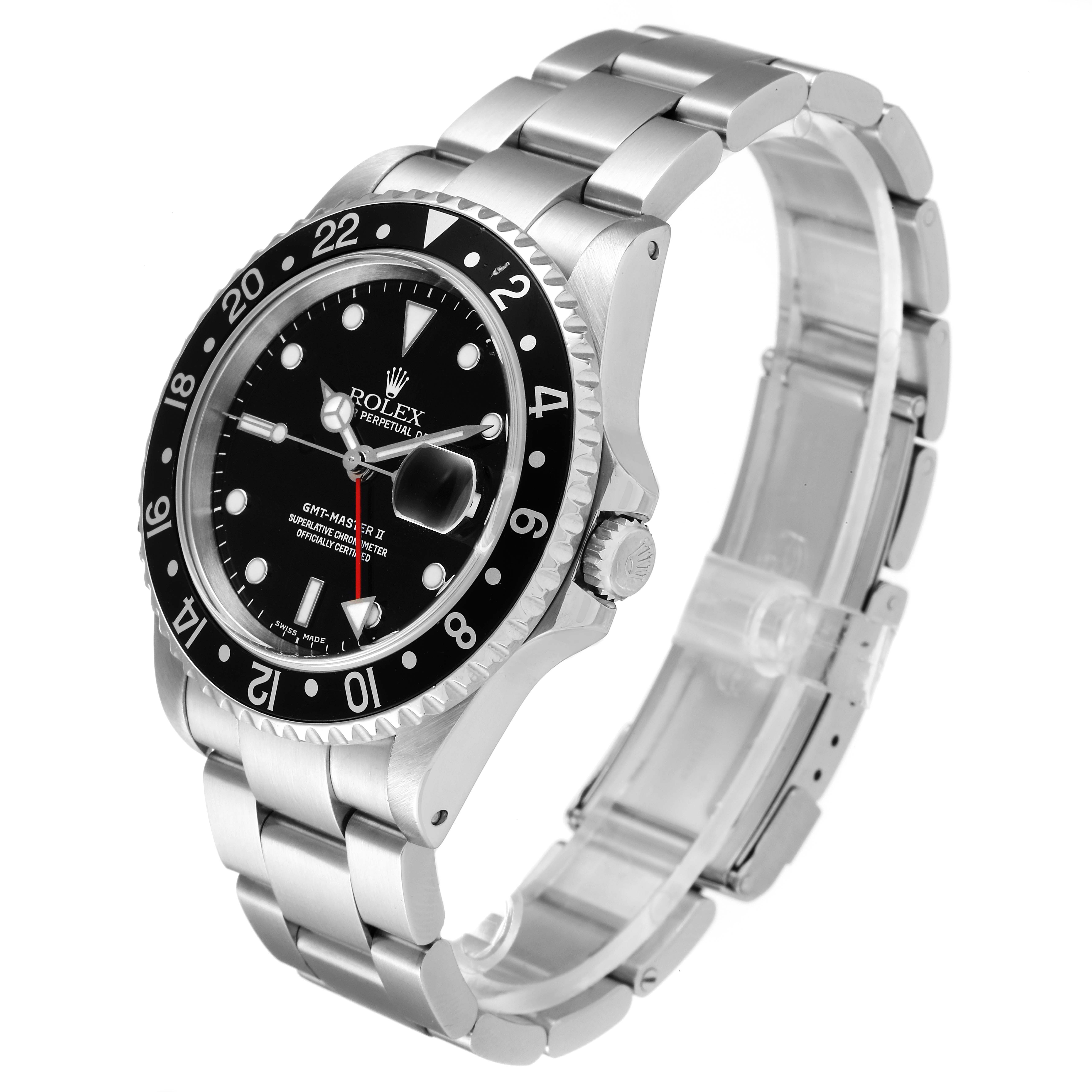 The image shows a side-angle view of a Rolex GMT-Master 16710 Men
s Stainless Steel Black Dial 16710 Men
s Stainless Steel Black Dial watch, highlighting its bezel, dial, crown, and bracelet.