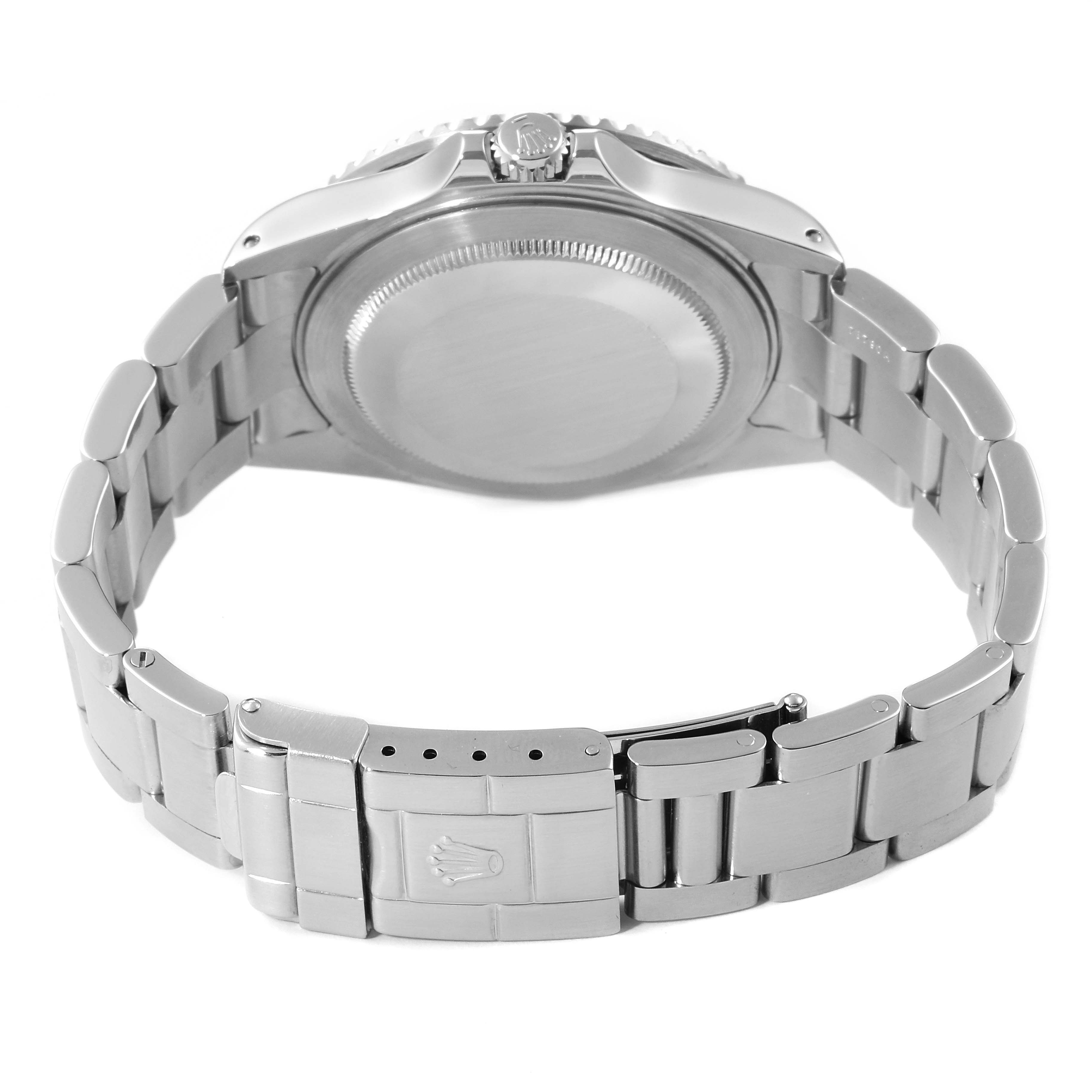 This image shows the back view of a Rolex GMT-Master 16710 Men
s Stainless Steel Black Dial 16710 Men
s Stainless Steel Black Dial watch, highlighting the case back, crown, and partially opened bracelet.