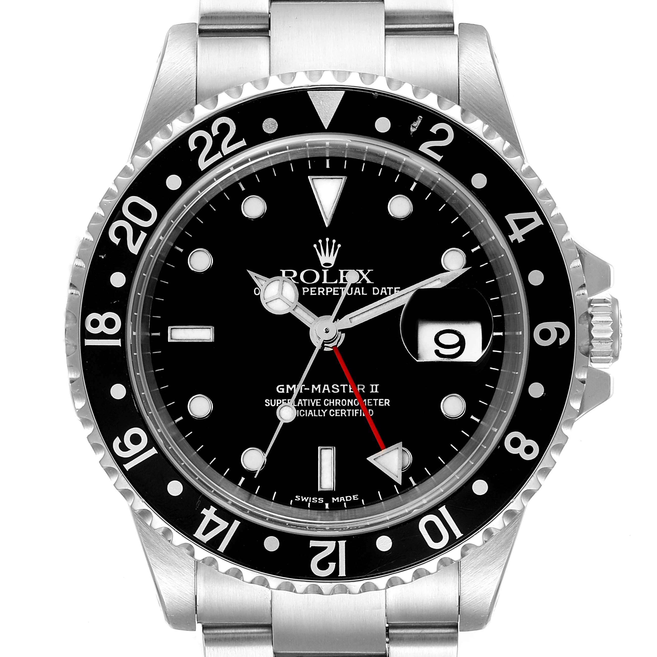 This Rolex GMT-Master 16710 Men
s Stainless Steel Black Dial 16710 Men
s Stainless Steel Black Dial II watch is shown from a top-down angle, featuring its dial, bezel, crown, and part of the bracelet.