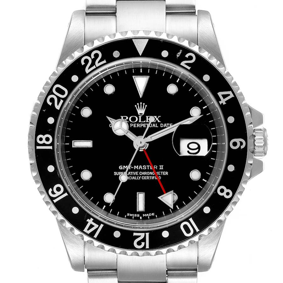 Rolex GMT Master II Black Bezel Steel Mens Watch 16710 Box Papers SwissWatchExpo